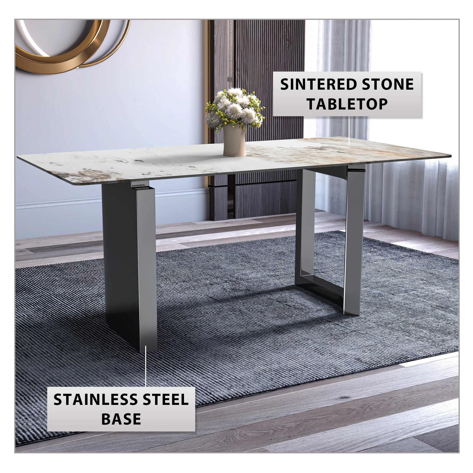 Astra Series Modern Dining Table Stainless Steel Base, With 55" White Grey Sintered Stone Top