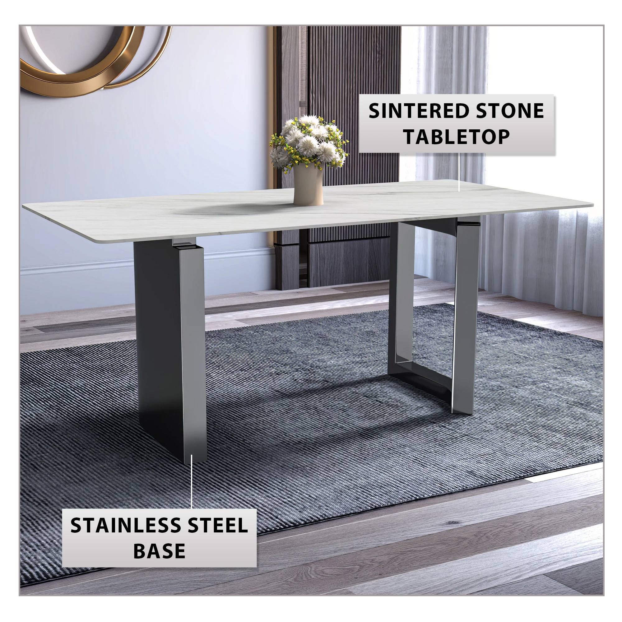 Astra Series Modern Dining Table Stainless Steel Base, With 55" White Sintered Stone Top