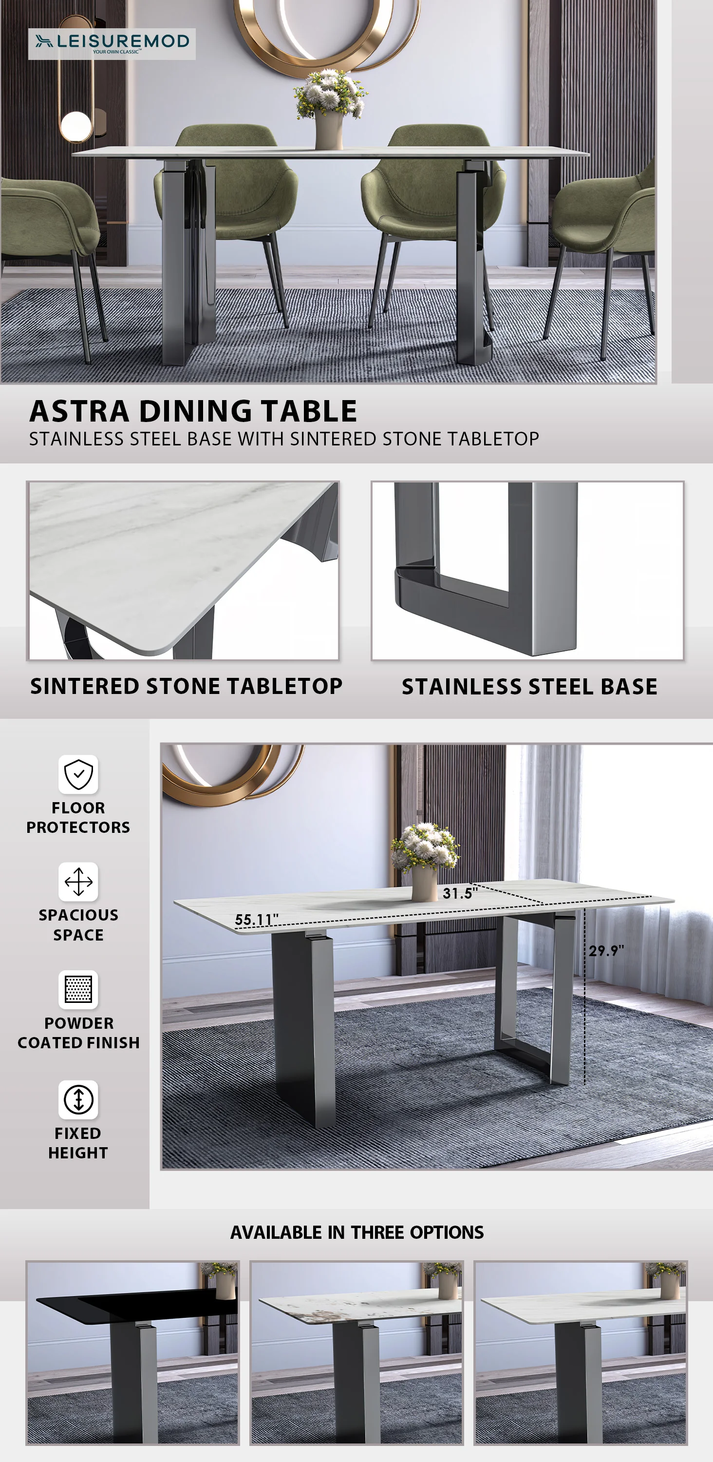 Astra Series Modern Dining Table Stainless Steel Base, With 55" White Sintered Stone Top
