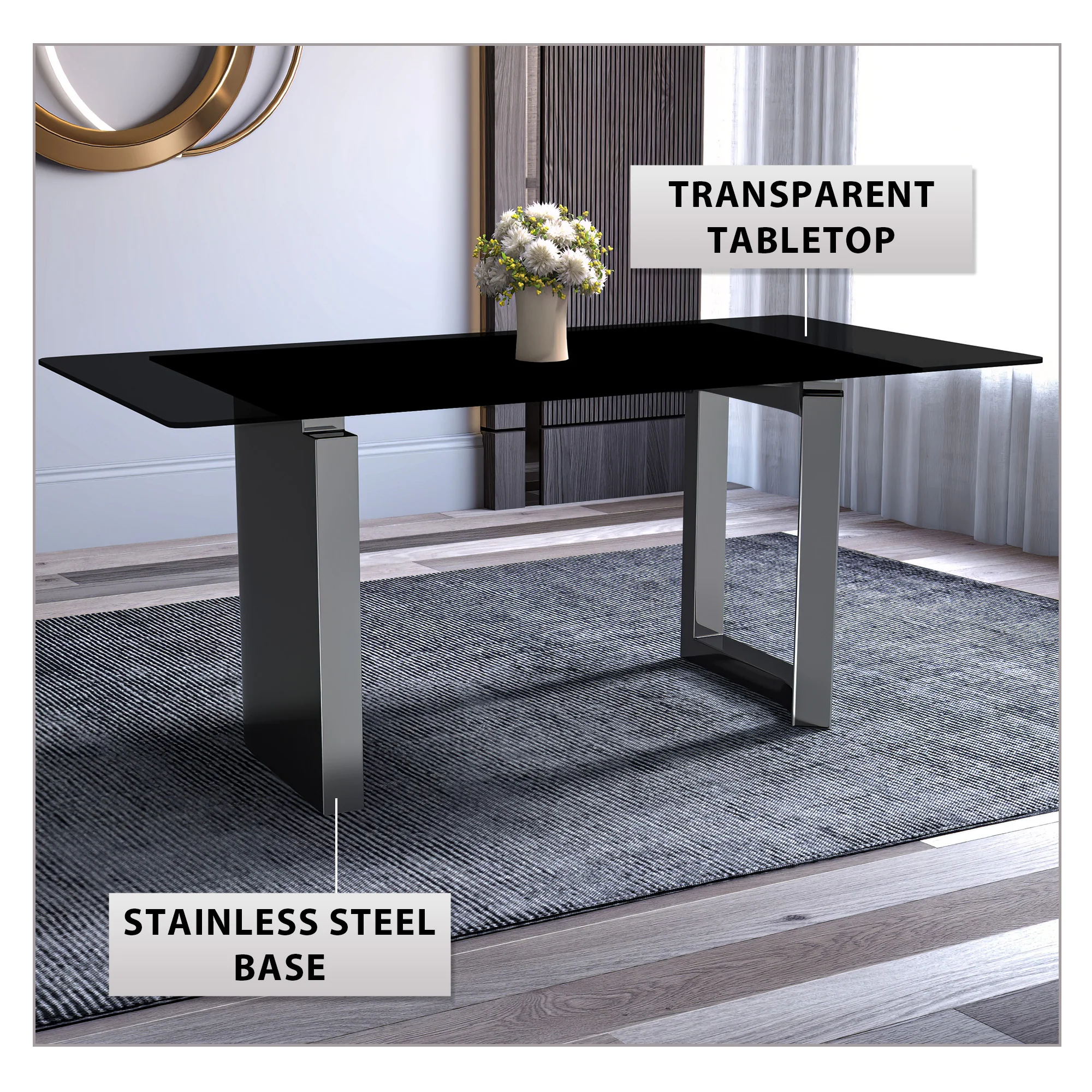 Astra Series Modern Dining Table Stainless Steel Base, With 62" Black Glass Top