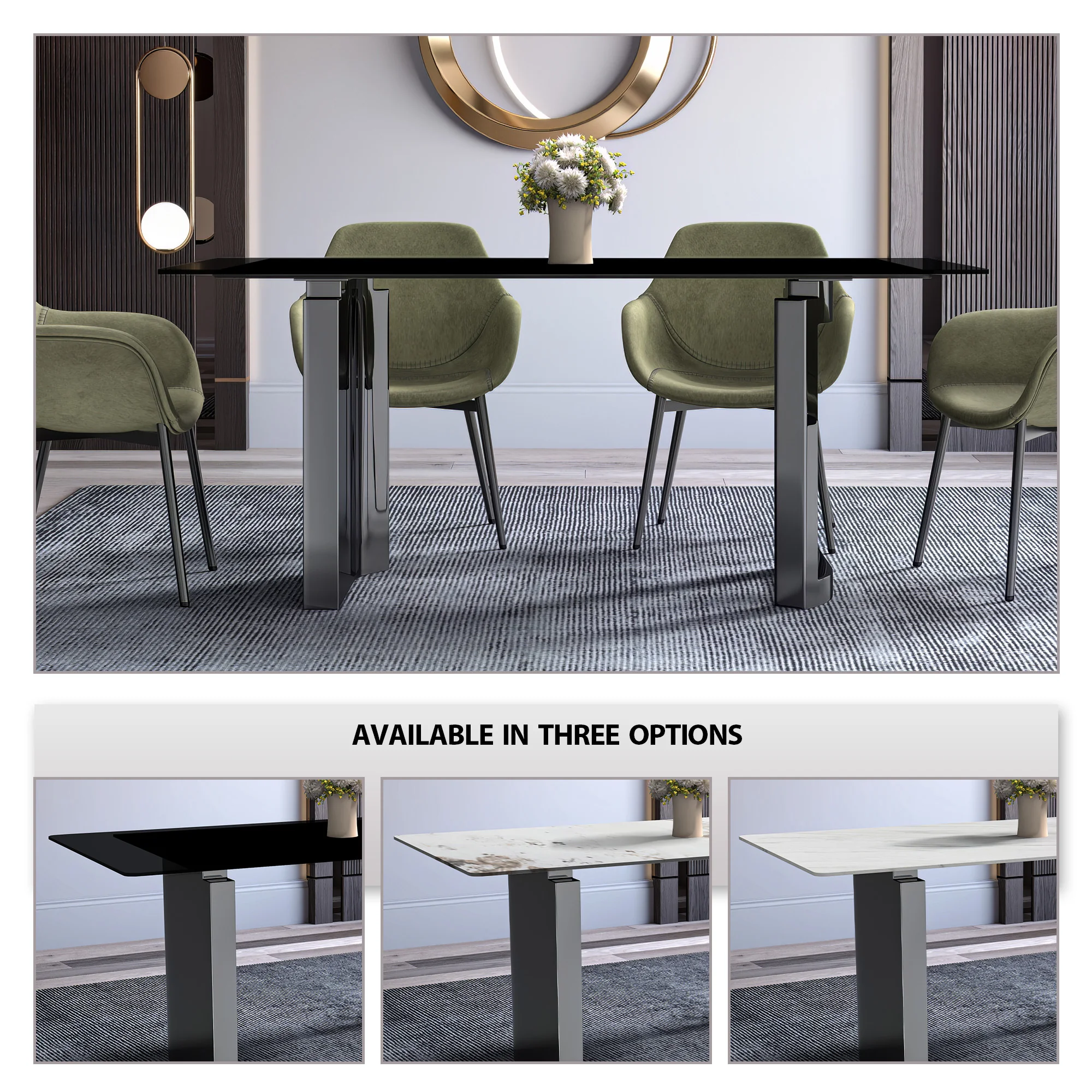 Astra Series Modern Dining Table Stainless Steel Base, With 62" Black Glass Top