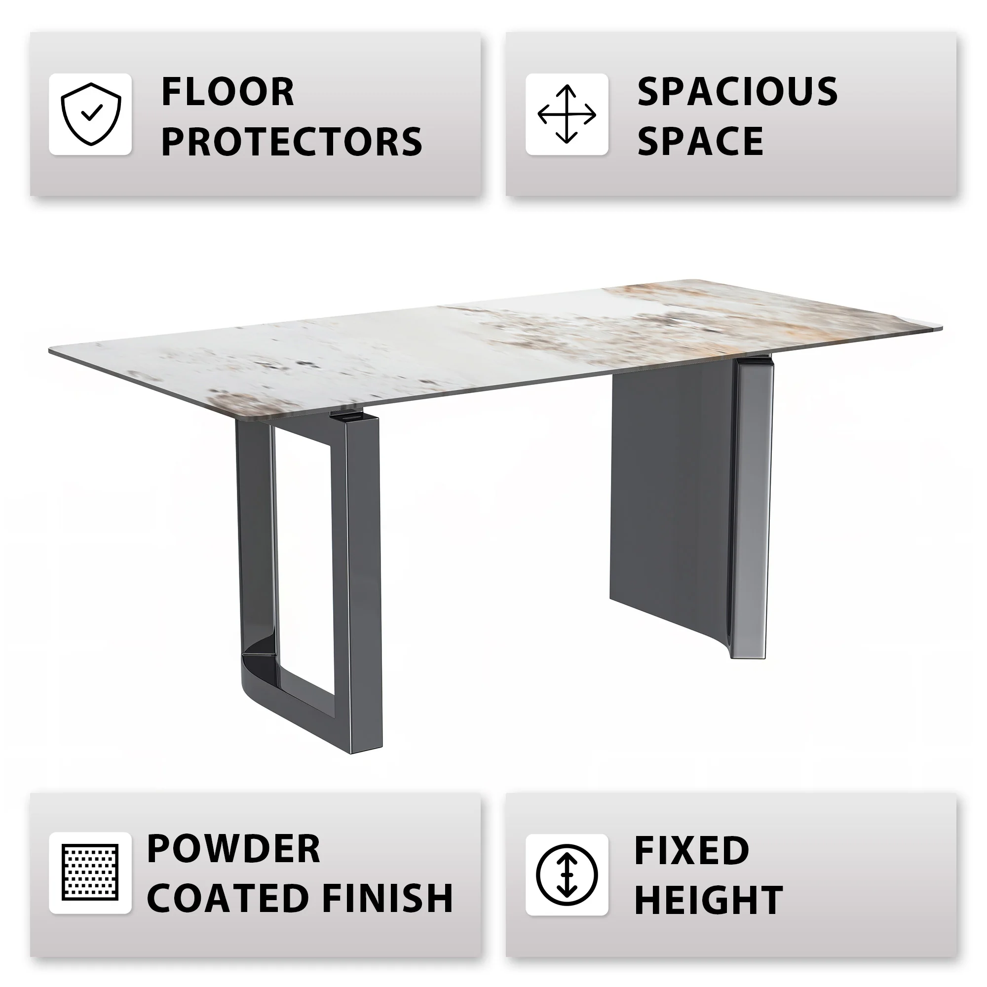 Astra Series Modern Dining Table Stainless Steel Base, With 71" White Grey Sintered Stone Top