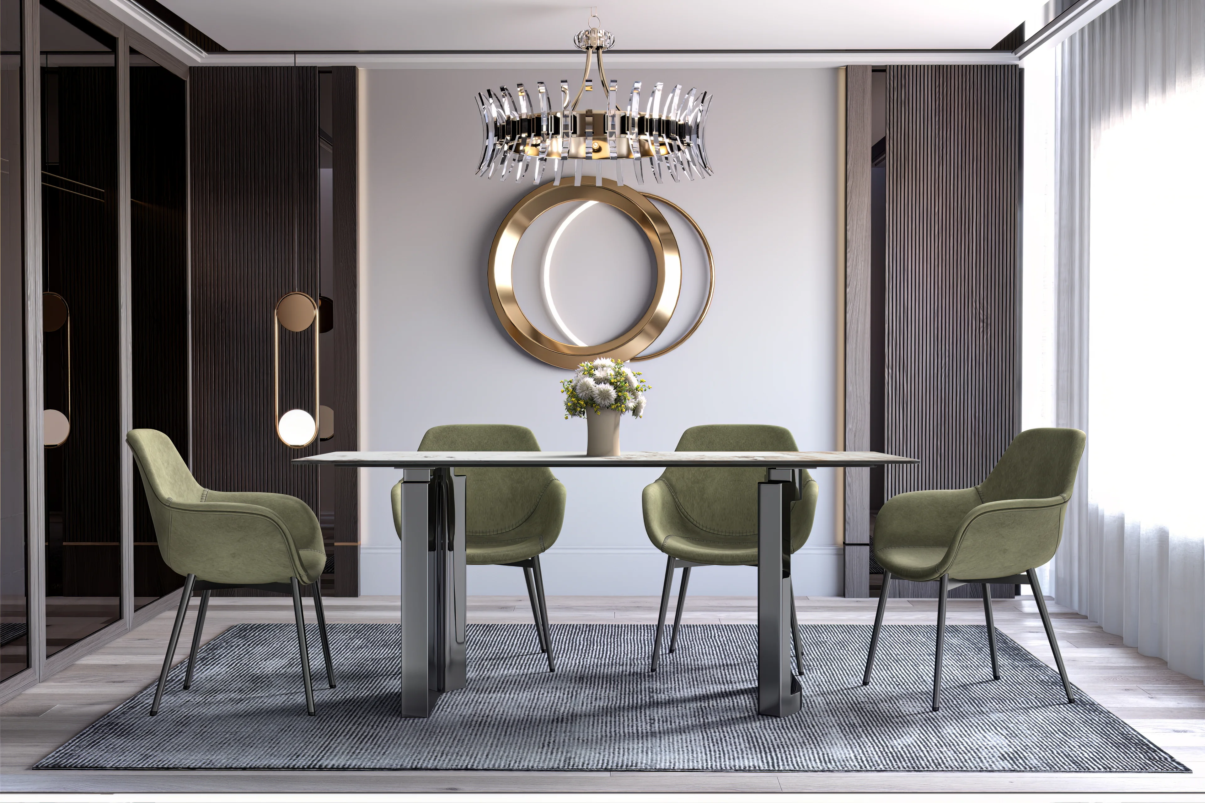 Astra Series Modern Dining Table Stainless Steel Base, With 71" White Grey Sintered Stone Top