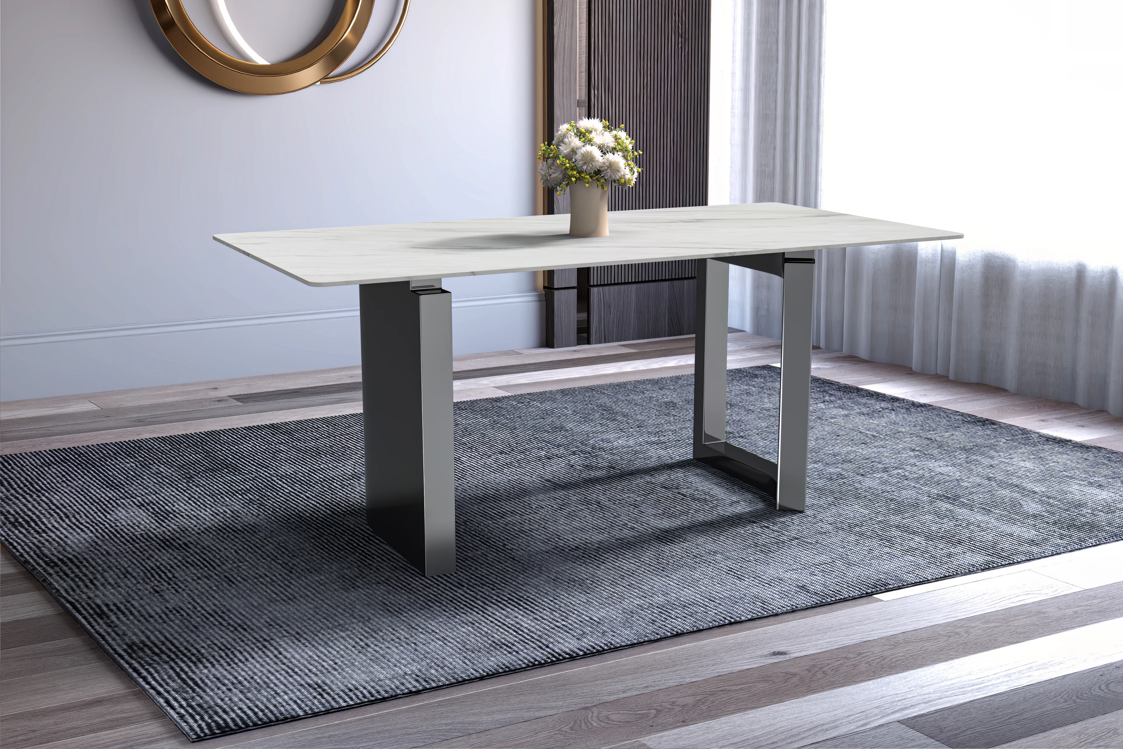 Astra Series Modern Dining Table Stainless Steel Base, With 71" White Sintered Stone Top