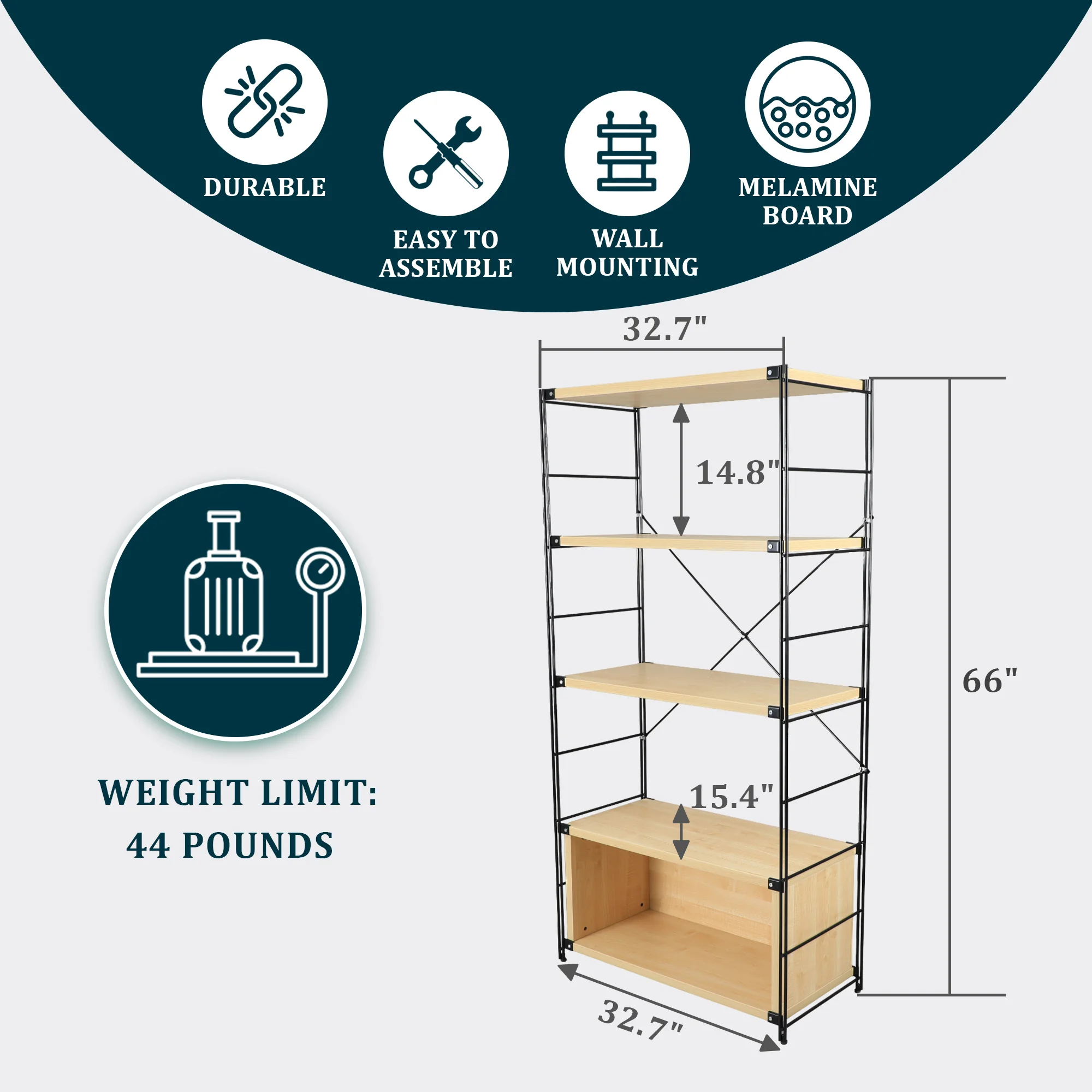 Brentwood Etagere Bookcase with Black Powder Coated Steel Frame and Melamine Board Shelves