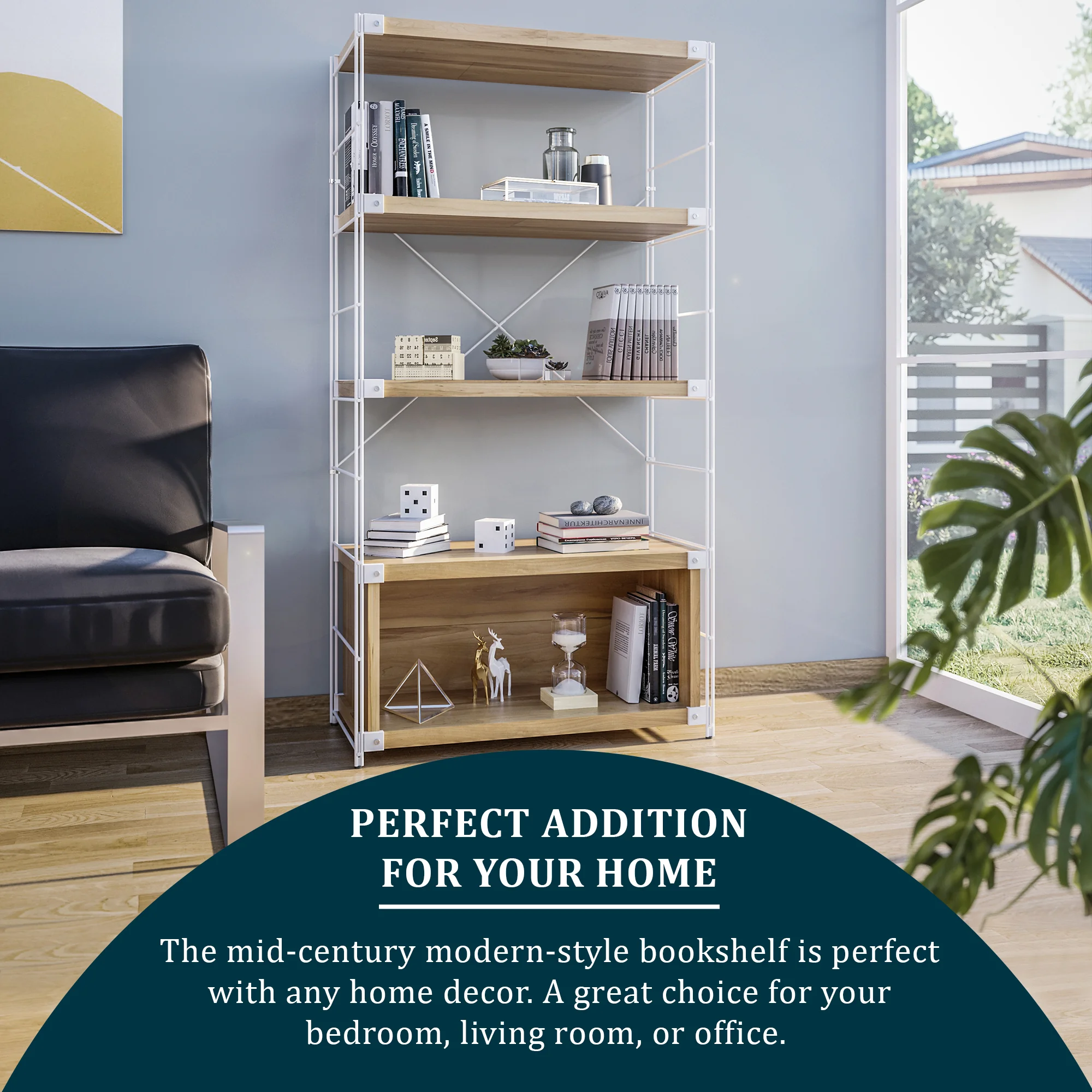 Brentwood Etagere Bookcase with White Powder Coated Steel Frame and Melamine Board Shelves