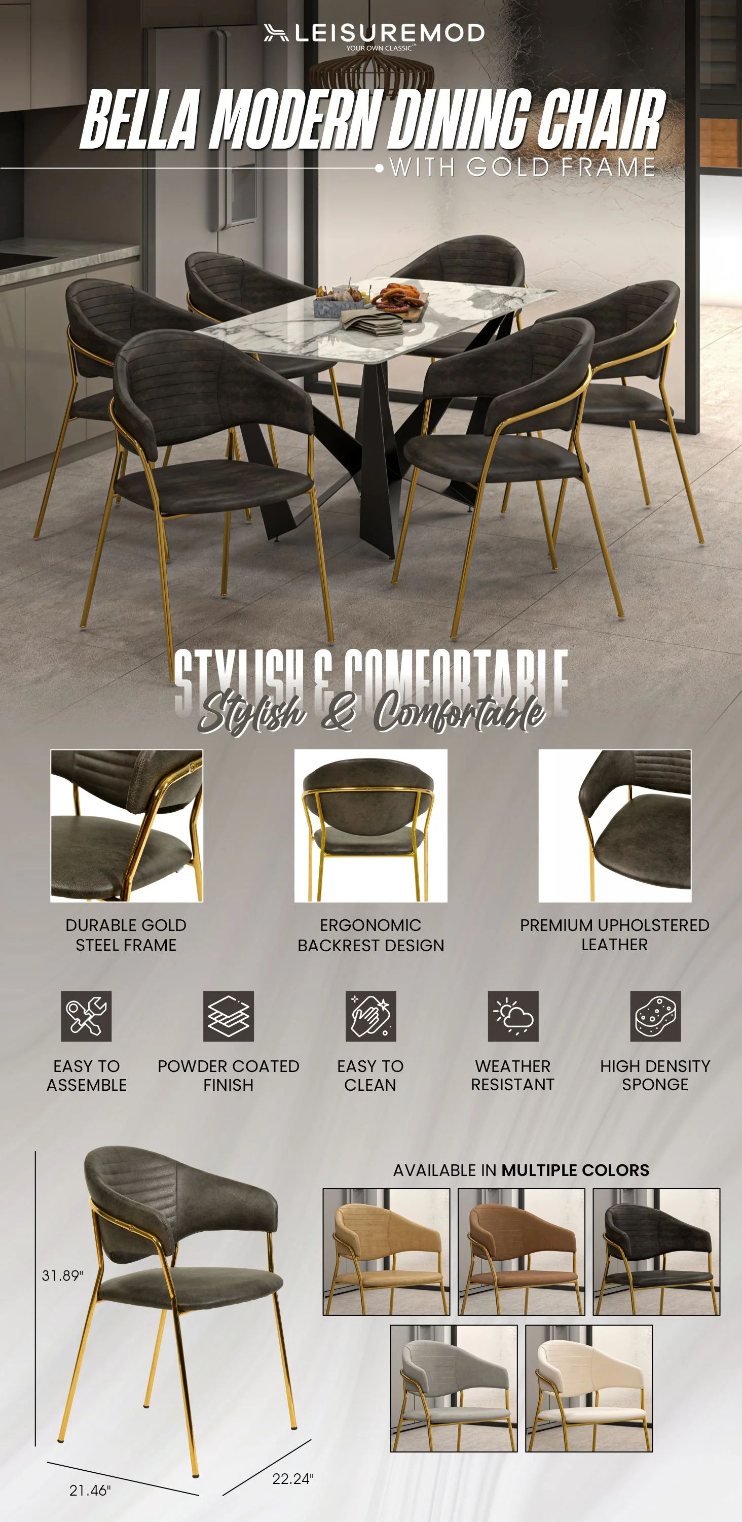 Bella Collection Modern Dining Chair in Charcoal Set of 4