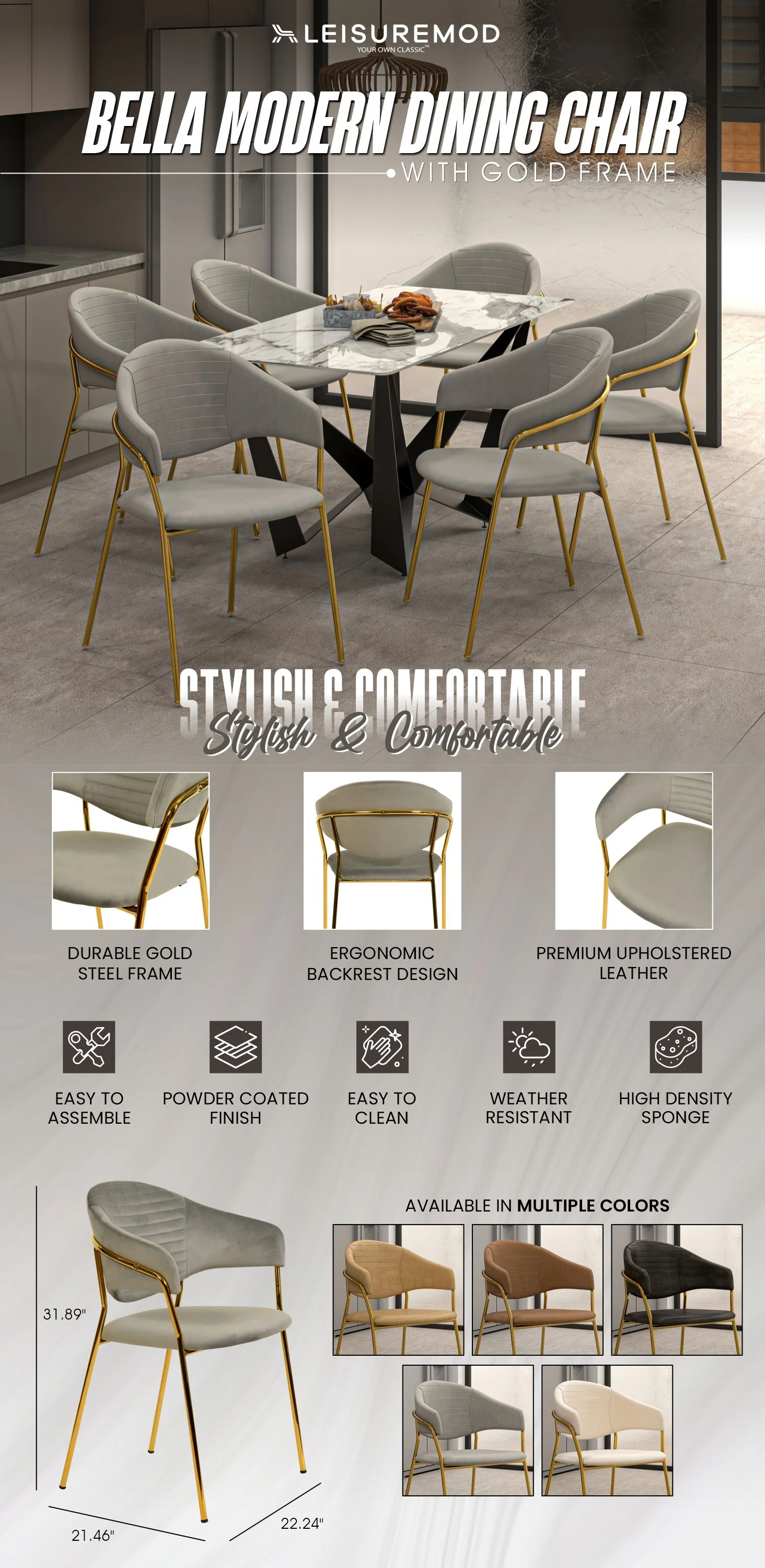 Bella Collection Modern Dining Chair in Light Grey Set of 4