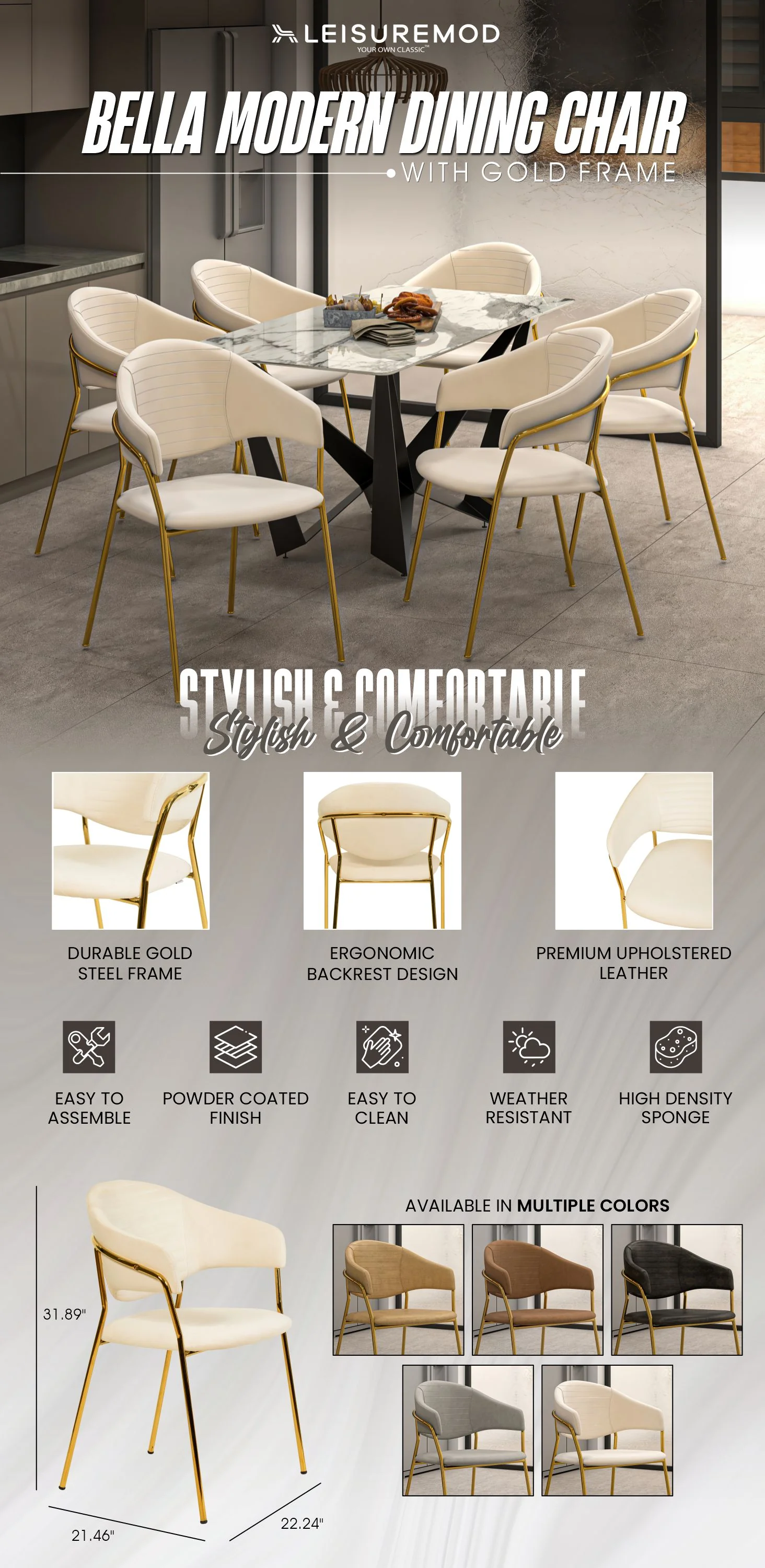 Bella Collection Modern Dining Chair in Off White