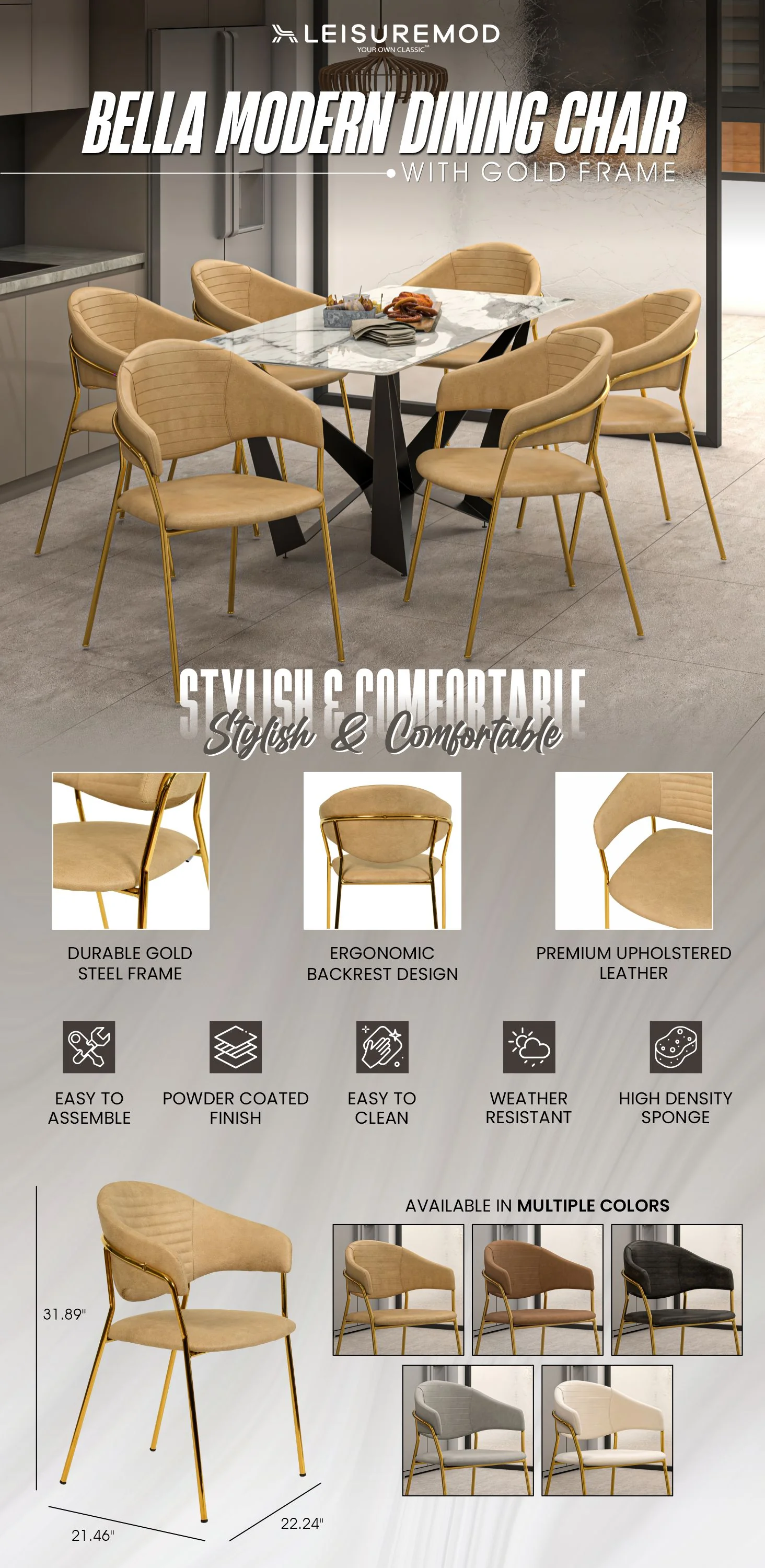 Bella Collection Modern Dining Chair in Taupe Set of 2