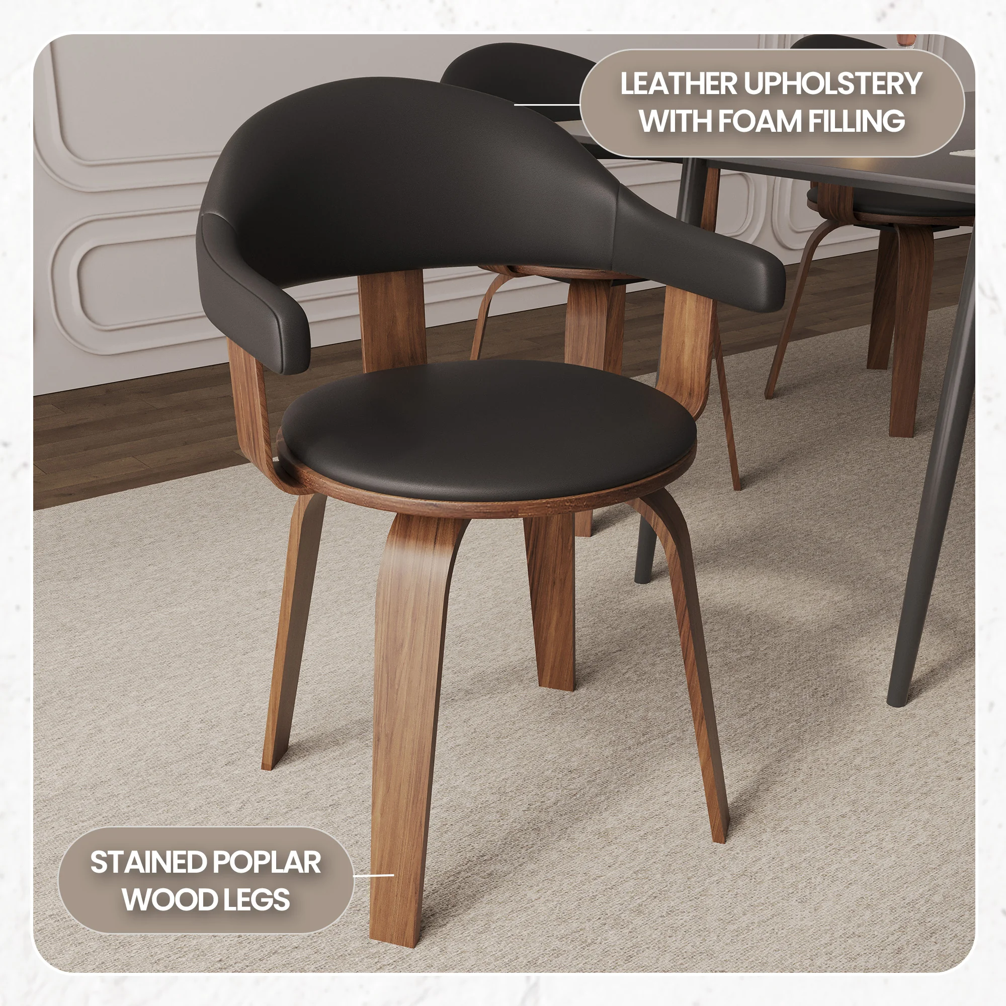 Modern Wooden Dining Chair, Walnut Color Frame in Black, Brivo Collection By LeisrueMod