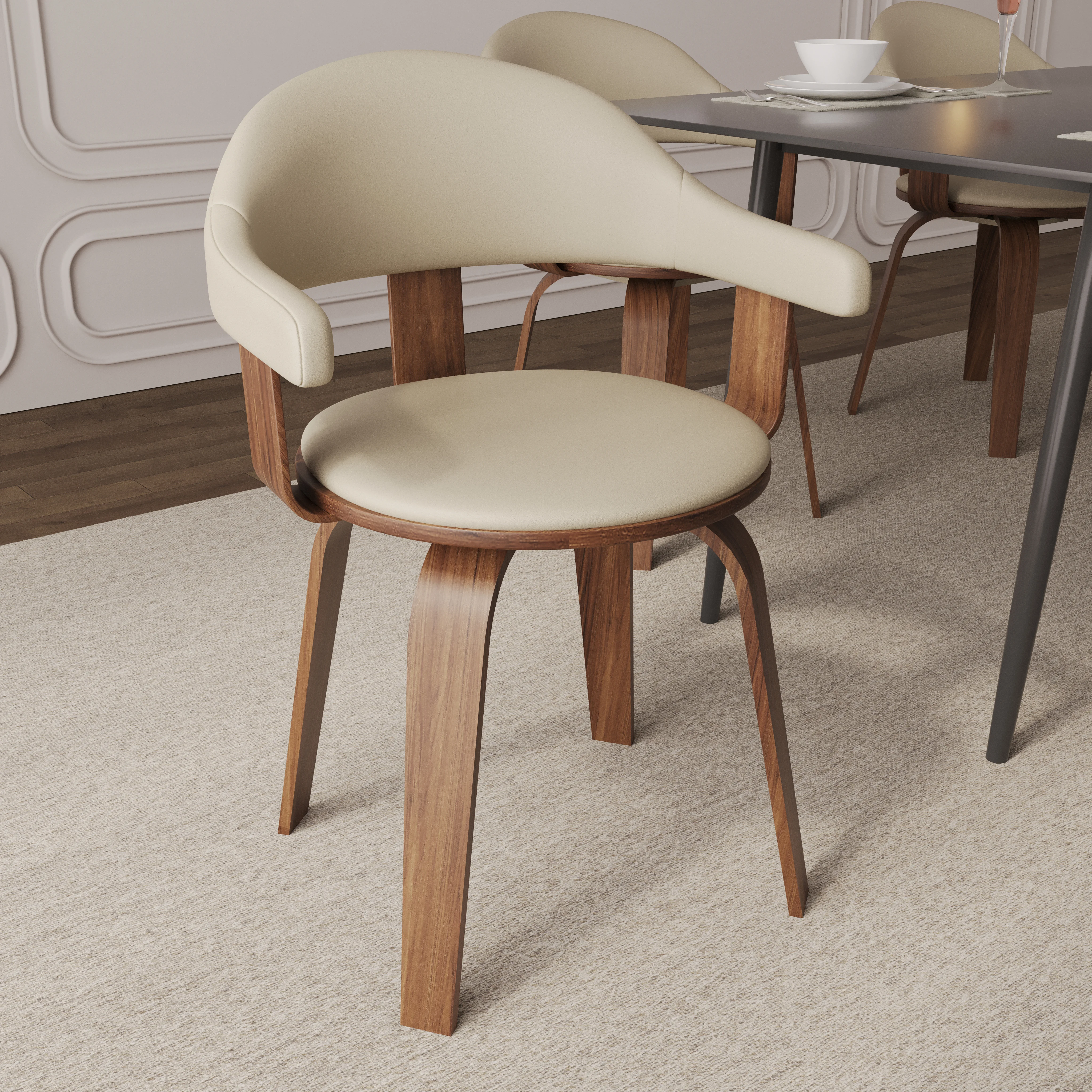 Modern Wooden Dining Chair, Walnut Color Frame in Cream, Brivo Collection By LeisrueMod