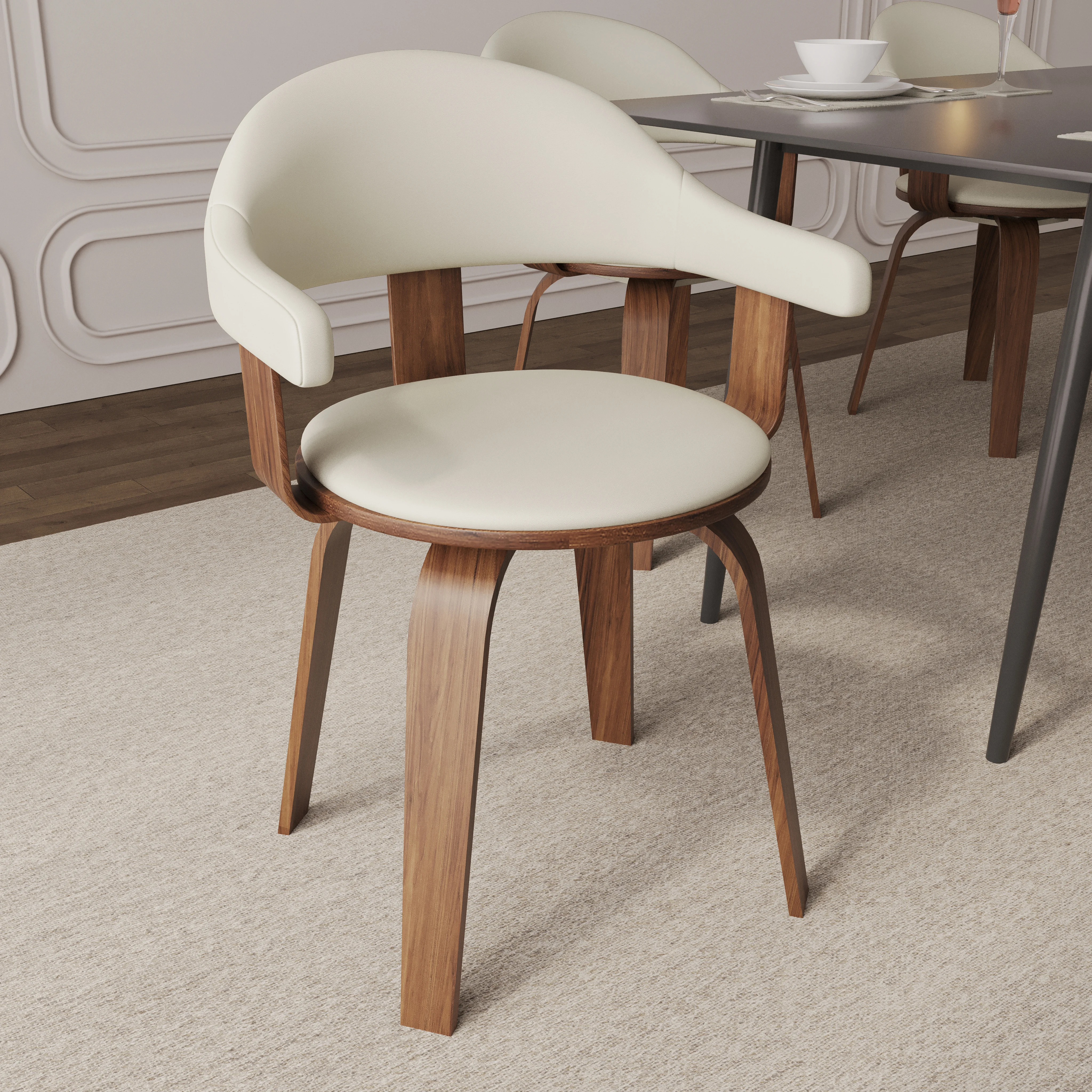 Modern Wooden Dining Chair, Walnut Color Frame in White, Brivo Collection By LeisrueMod