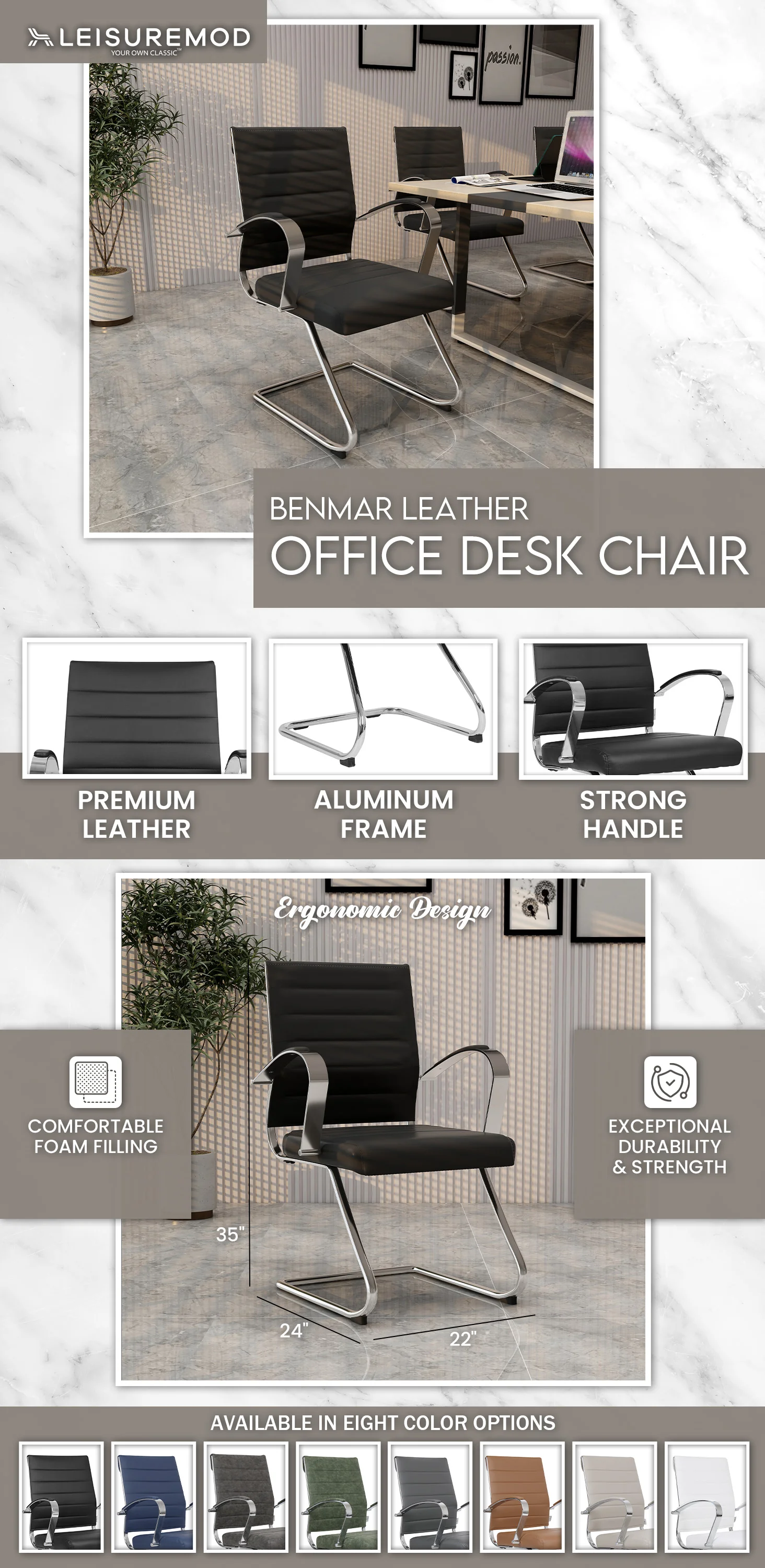 Benmar Home Leather Guest Office Chair in Black