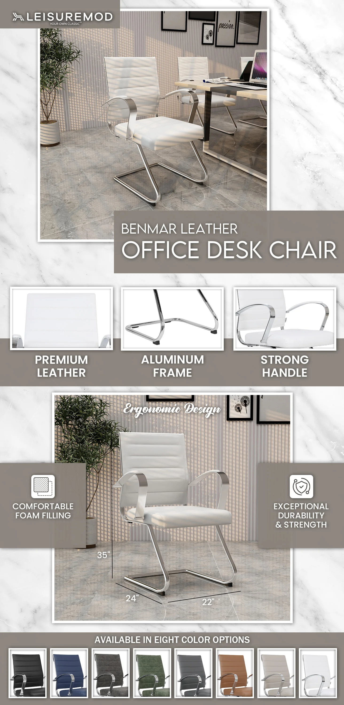 Benmar Home Leather Guest Office Chair in White