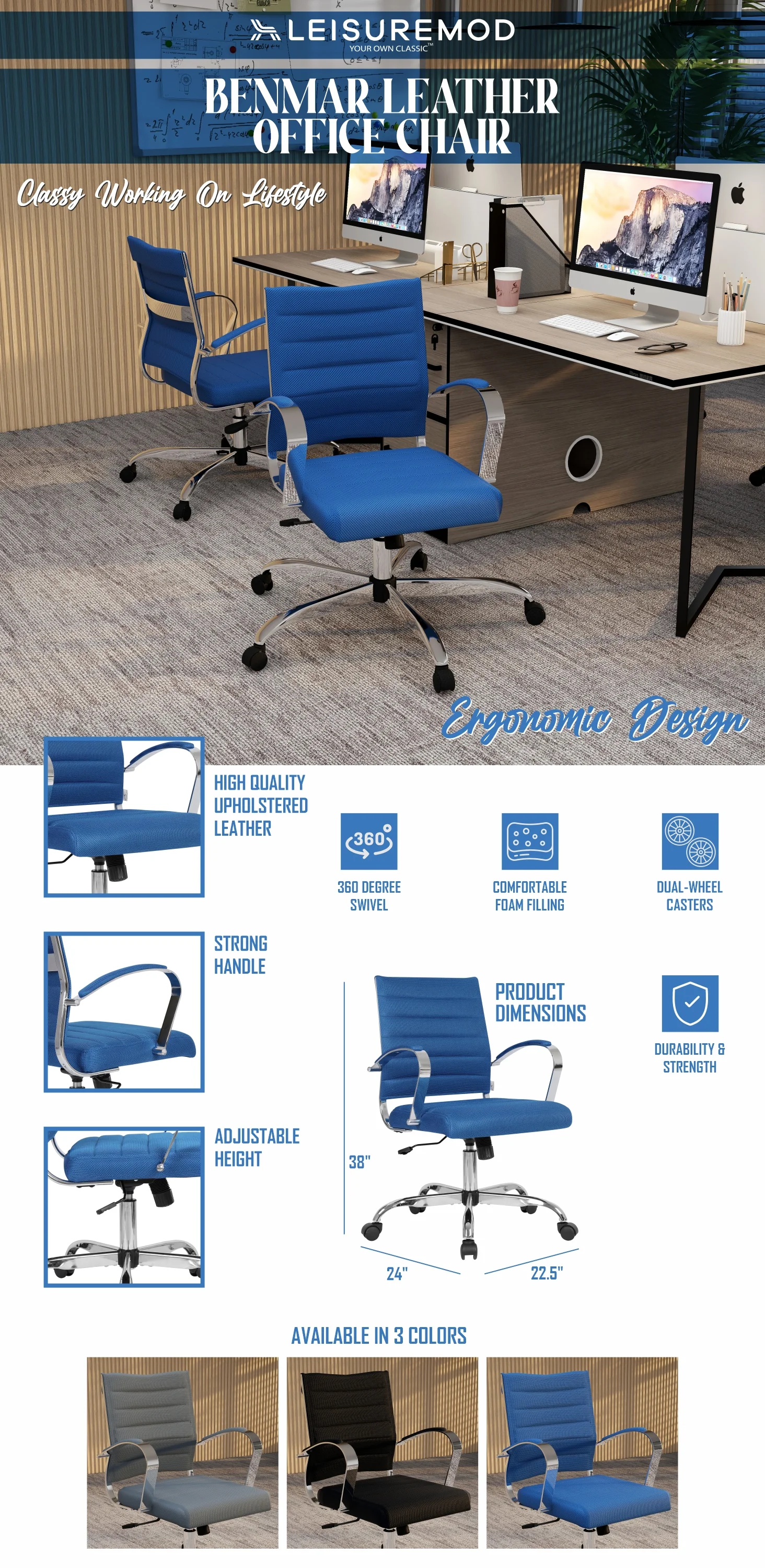 Benmar Home Mesh Office Chair in Navy Blue
