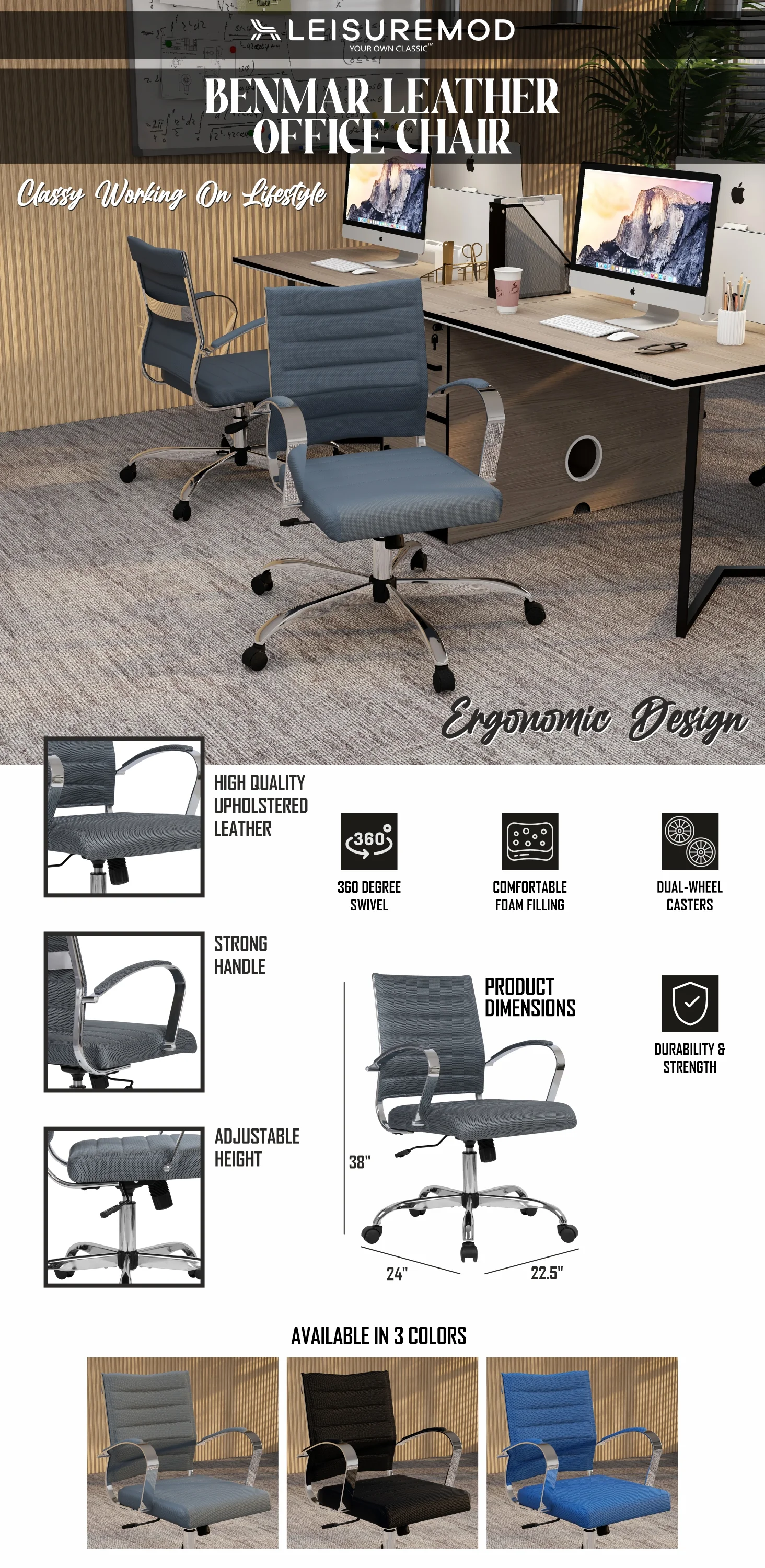 Benmar Home Mesh Office Chair in Grey
