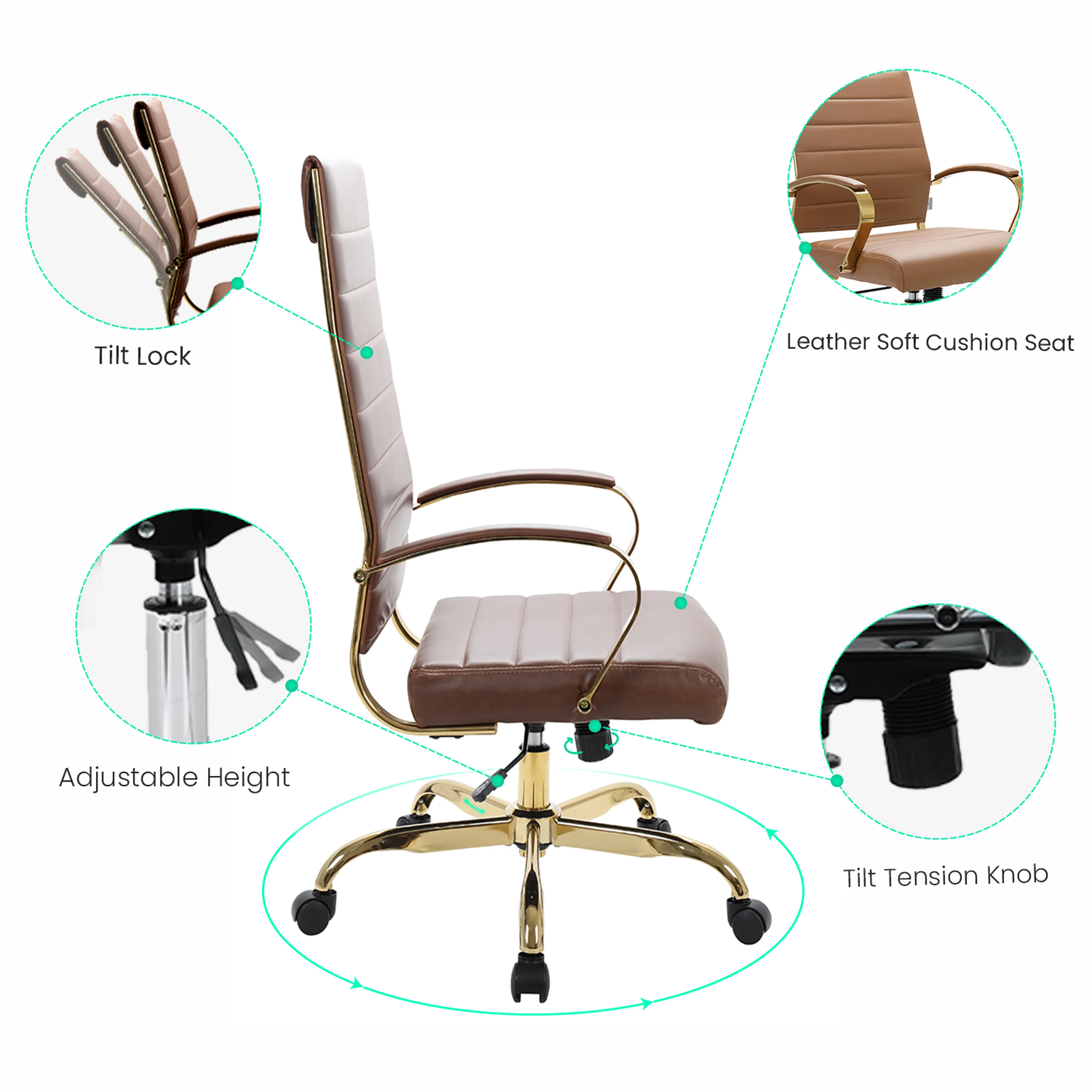 Benmar High-Back Leather Office Chair With Gold Frame