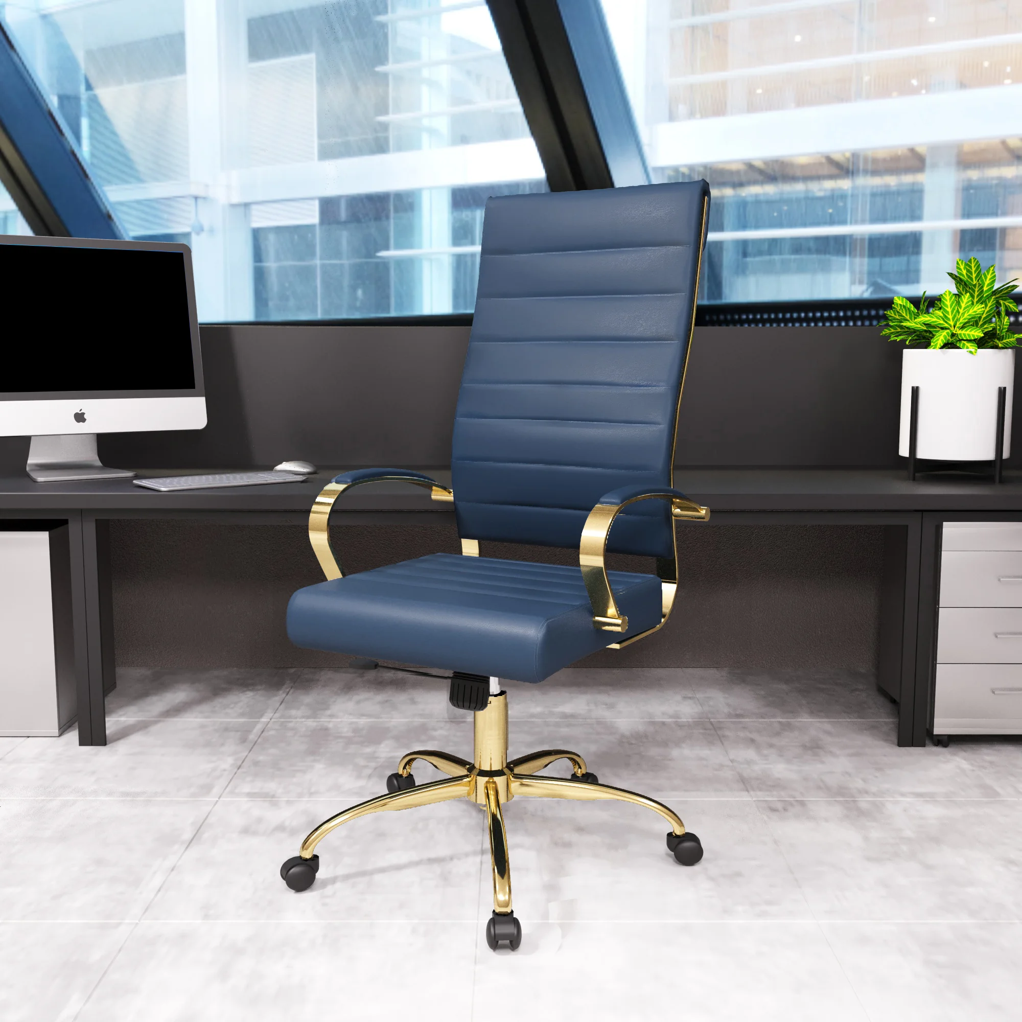 Benmar High-Back Leather Office Chair With Gold Frame