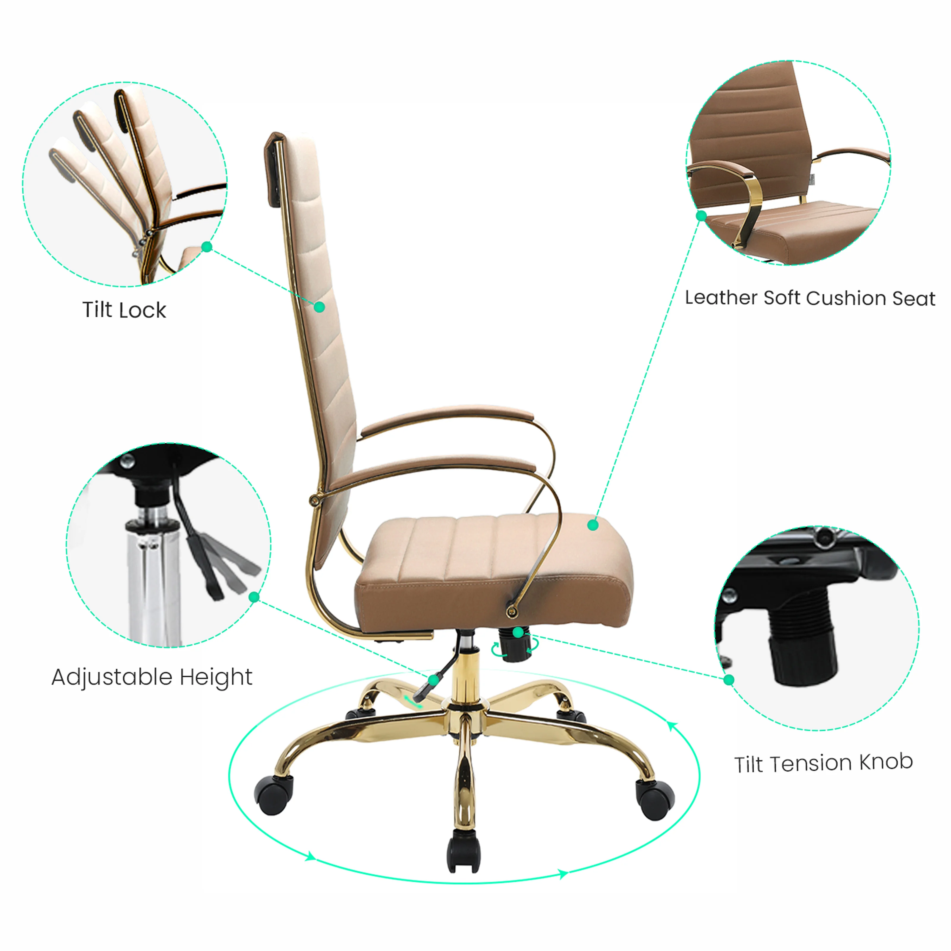 Benmar High-Back Leather Office Chair With Gold Frame