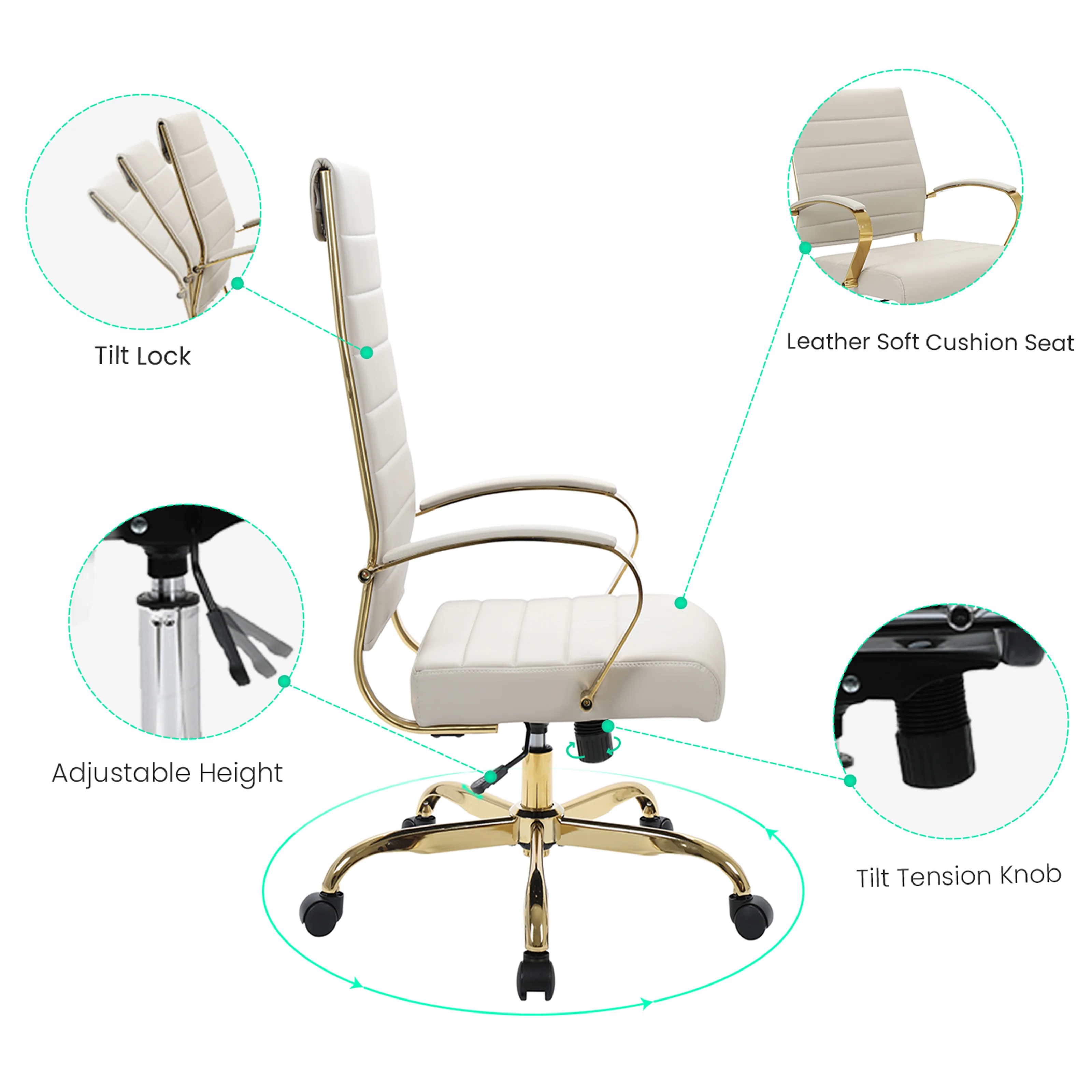 Benmar High-Back Leather Office Chair With Gold Frame