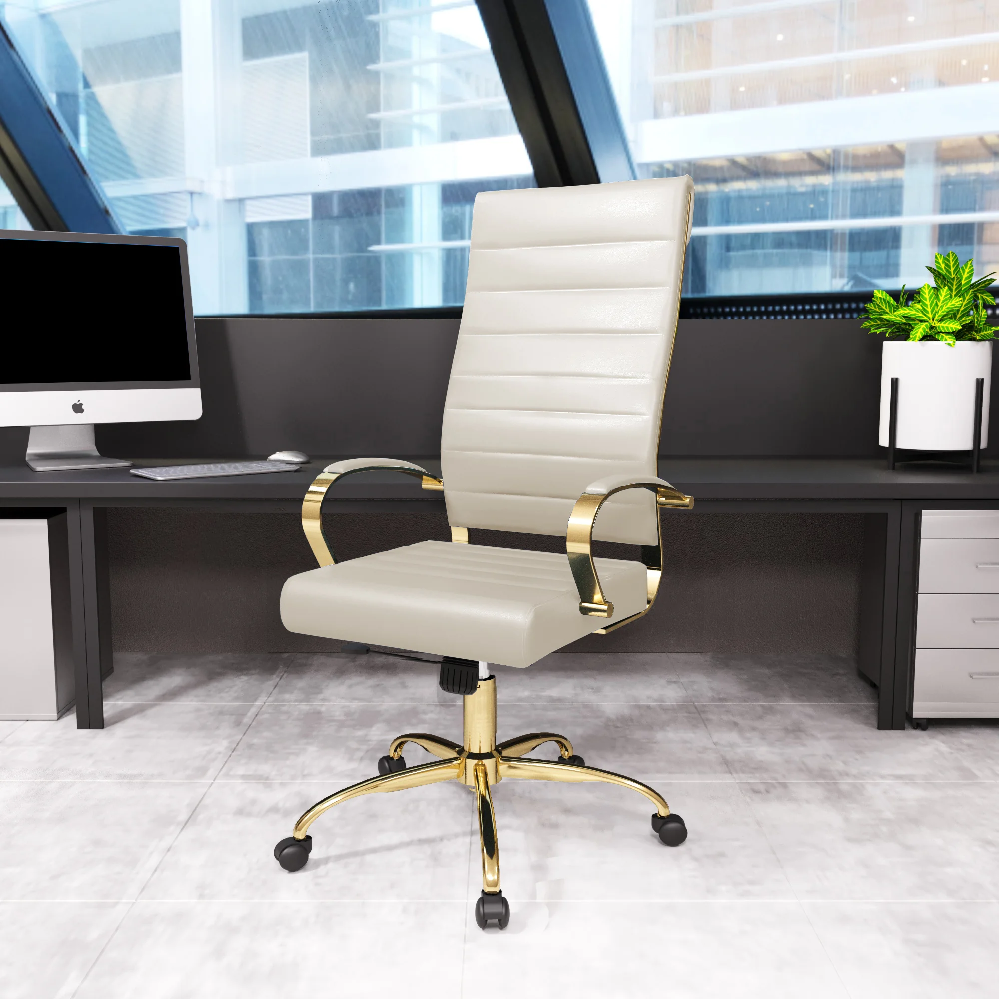 Benmar High-Back Leather Office Chair With Gold Frame