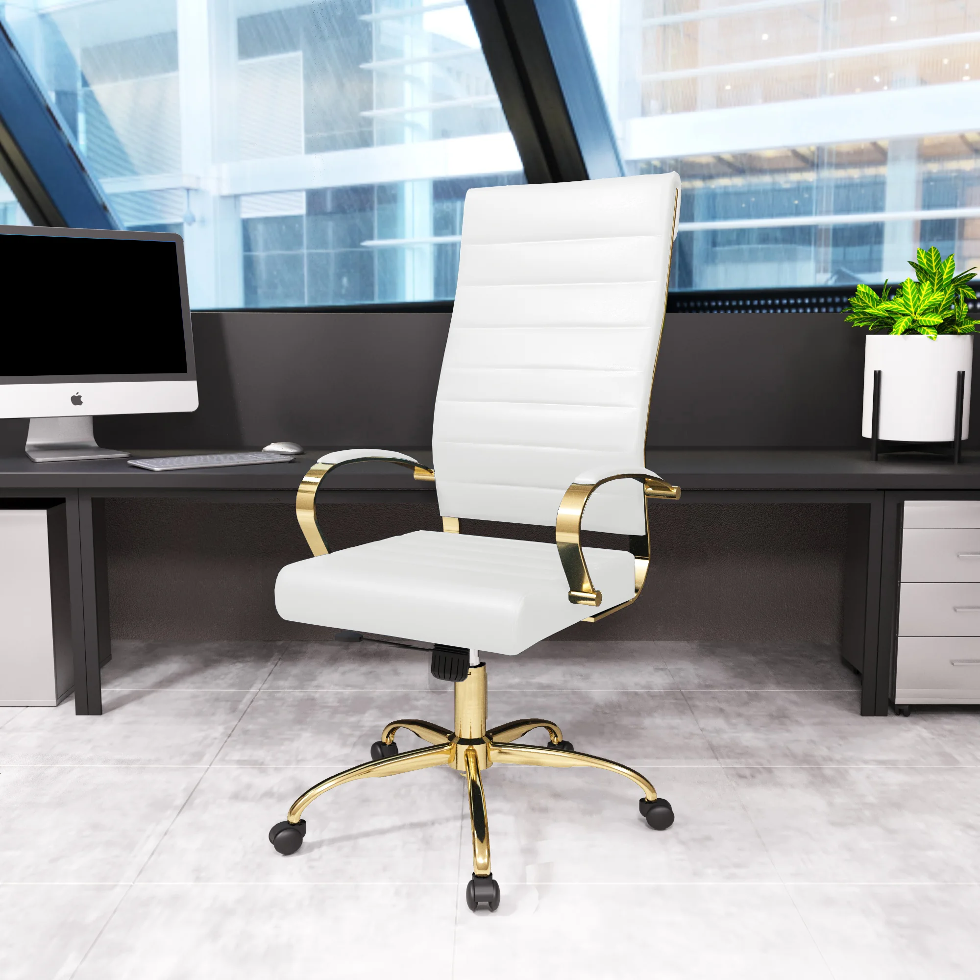 Benmar High-Back Leather Office Chair With Gold Frame