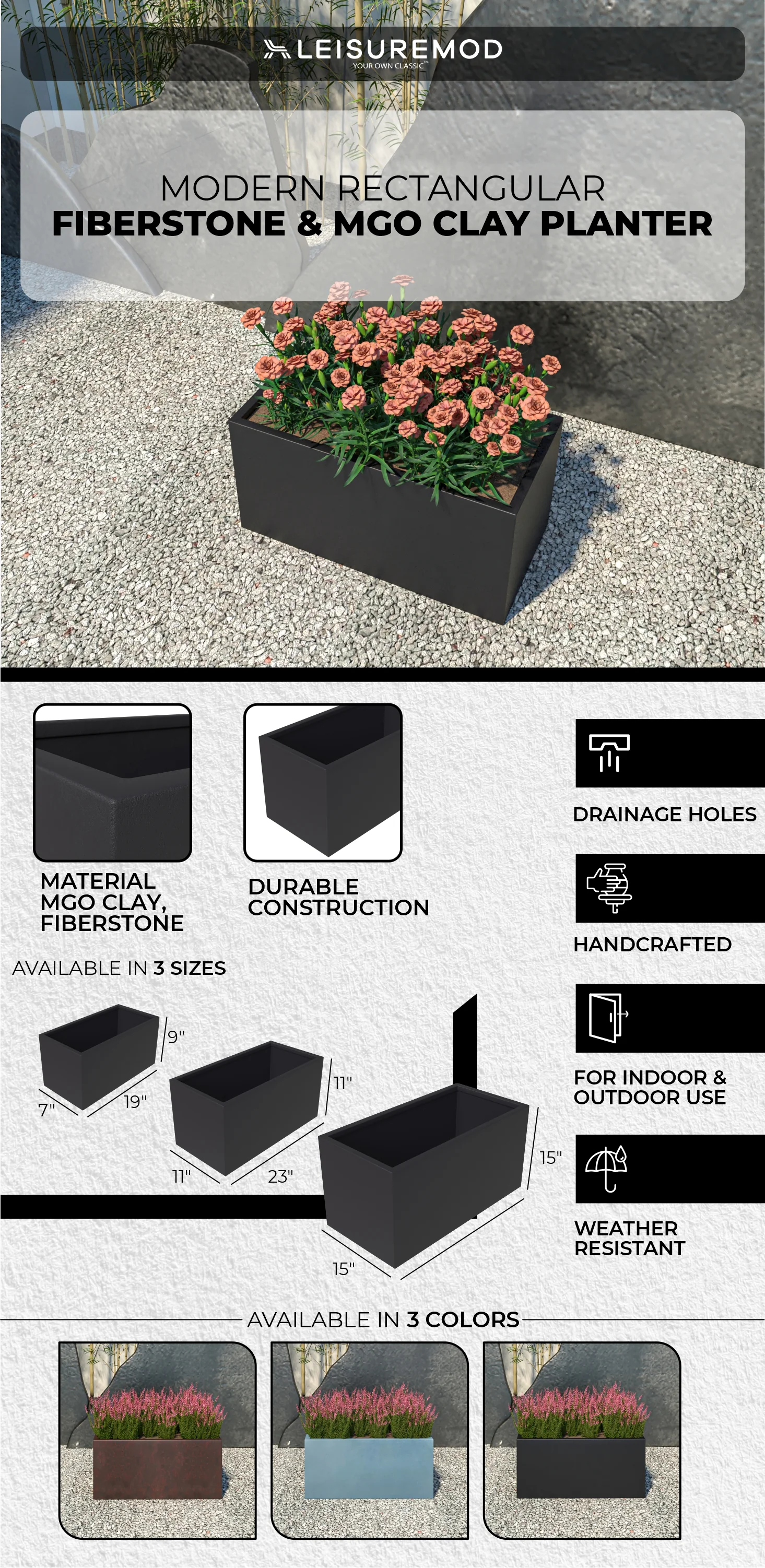 Bloom Series Poly Stone Planter 11.8" , 23.6" Long In Black