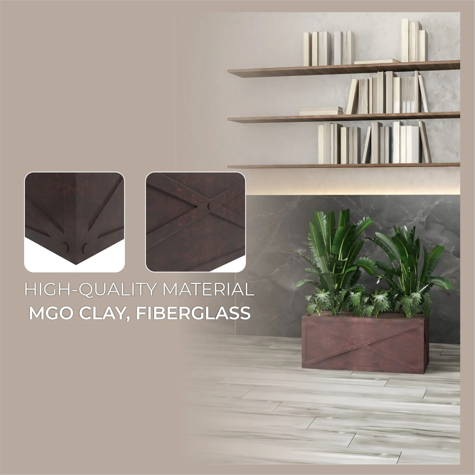 Bonsai Series Rectangle Poly Stone Planter in Brown 14.6 x 13 30 Long