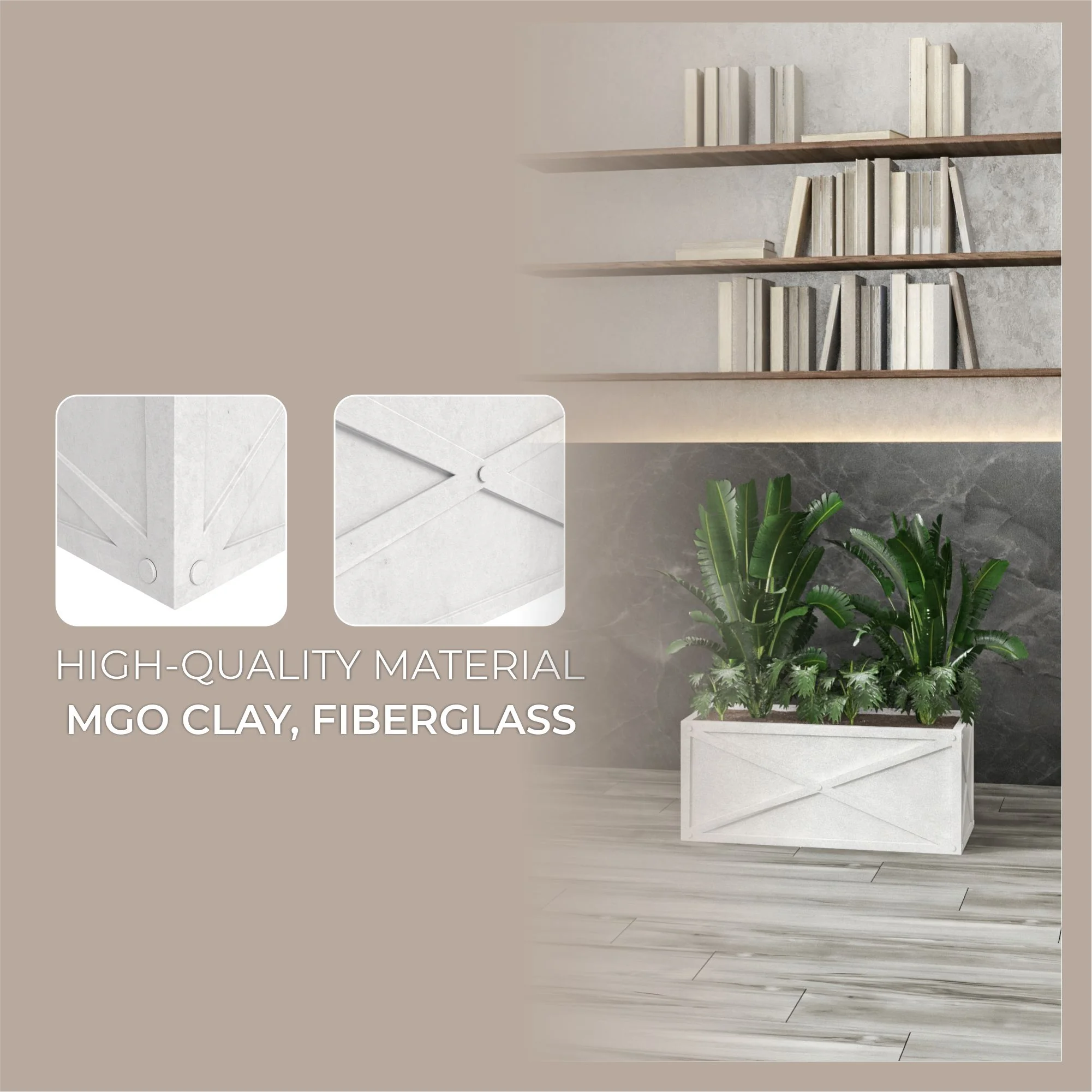 Bonsai Series Rectangle Poly Stone Planter in White 14.6 x 13 30 Long