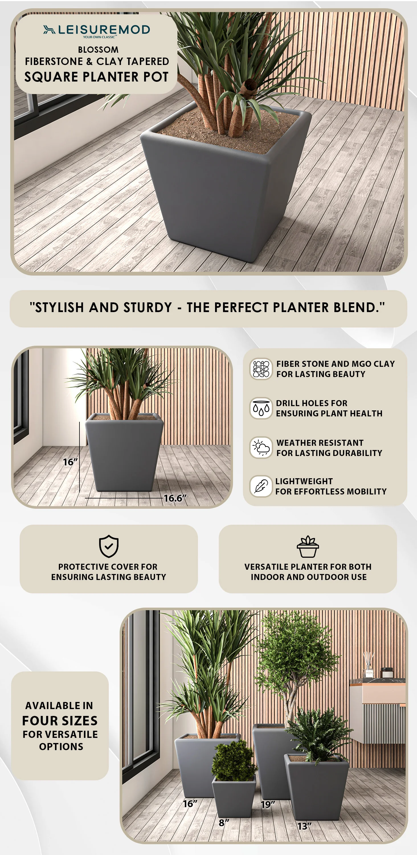 Blossom Series Poly Stone Planter in Dark Grey 17 Dia, 16 High