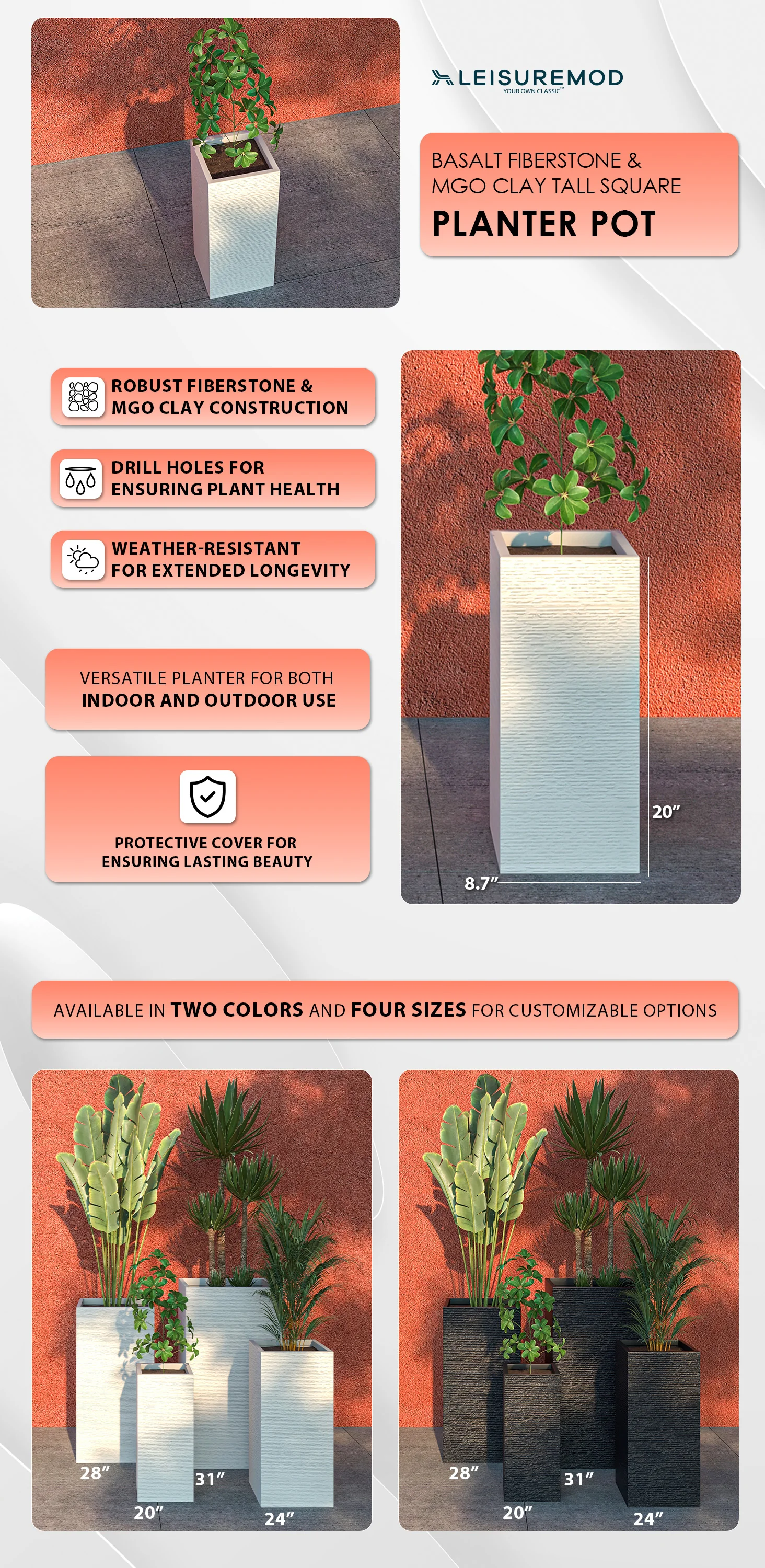 Basalt Series Poly Stone Planter 8.7" Square 19.7" High in White