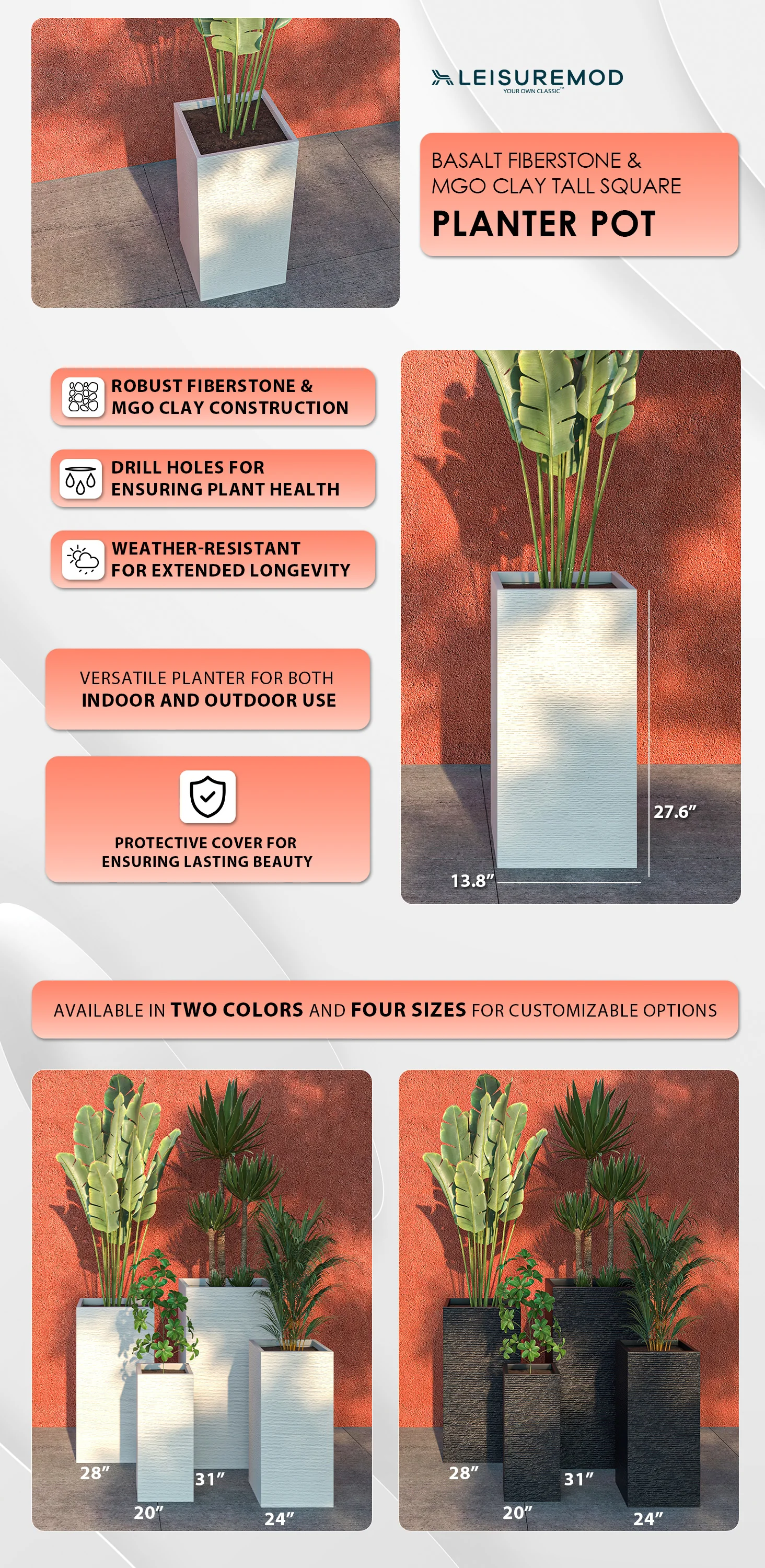 Basalt Series Poly Stone Planter 13.8" Square 27.6" High in White