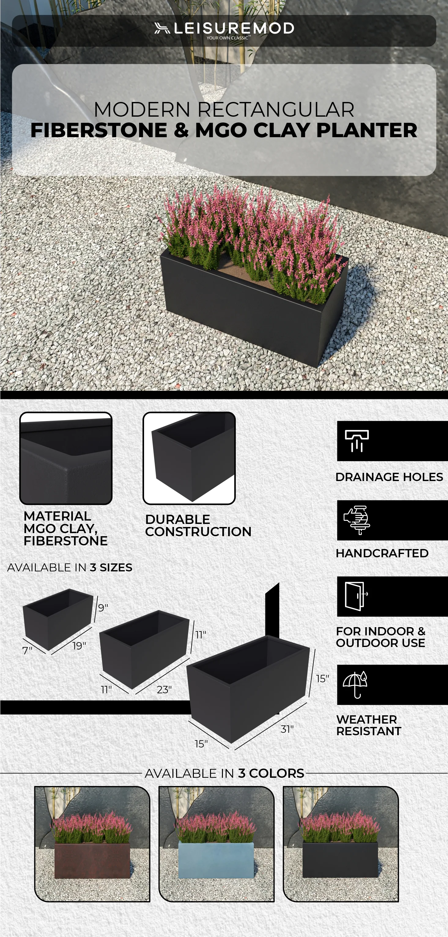 Bloom Series Poly Stone Planter 9" , 19.7" Long In Black