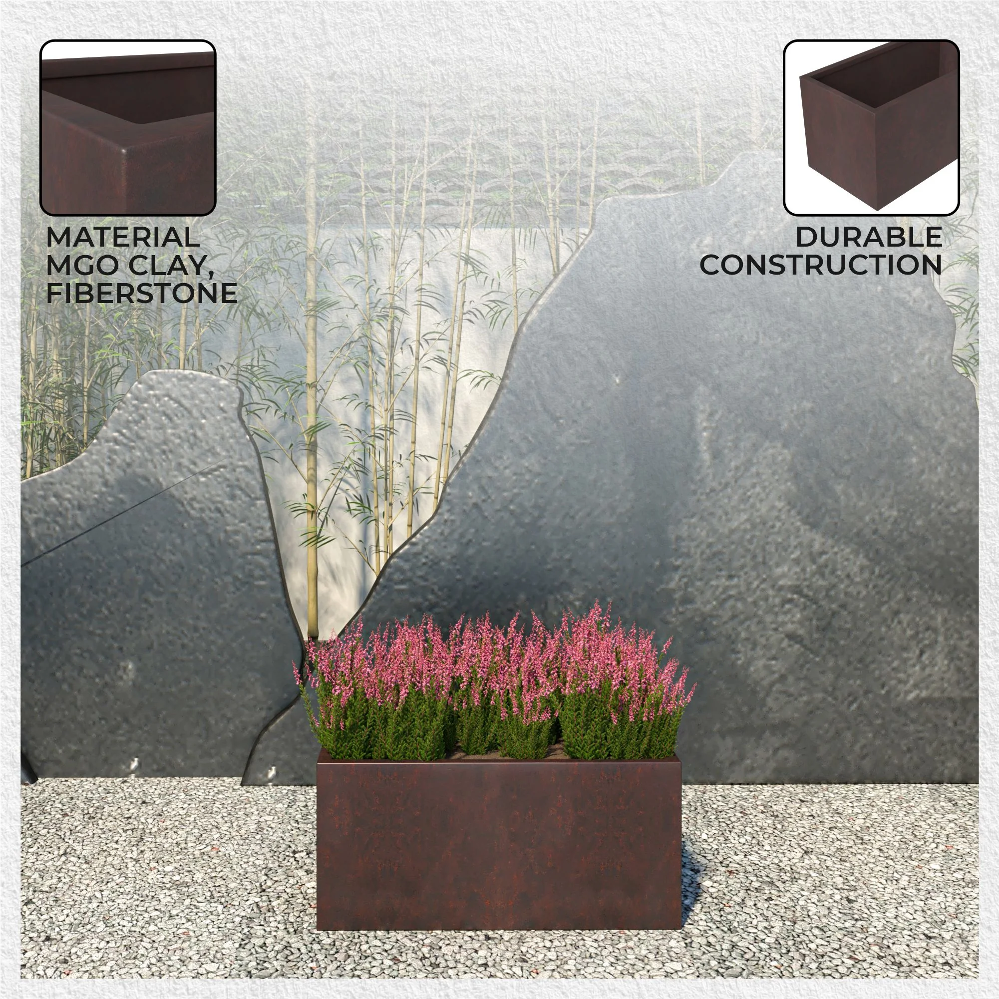 Bloom Series Poly Stone Planter 9" , 19.7" Long In Brown