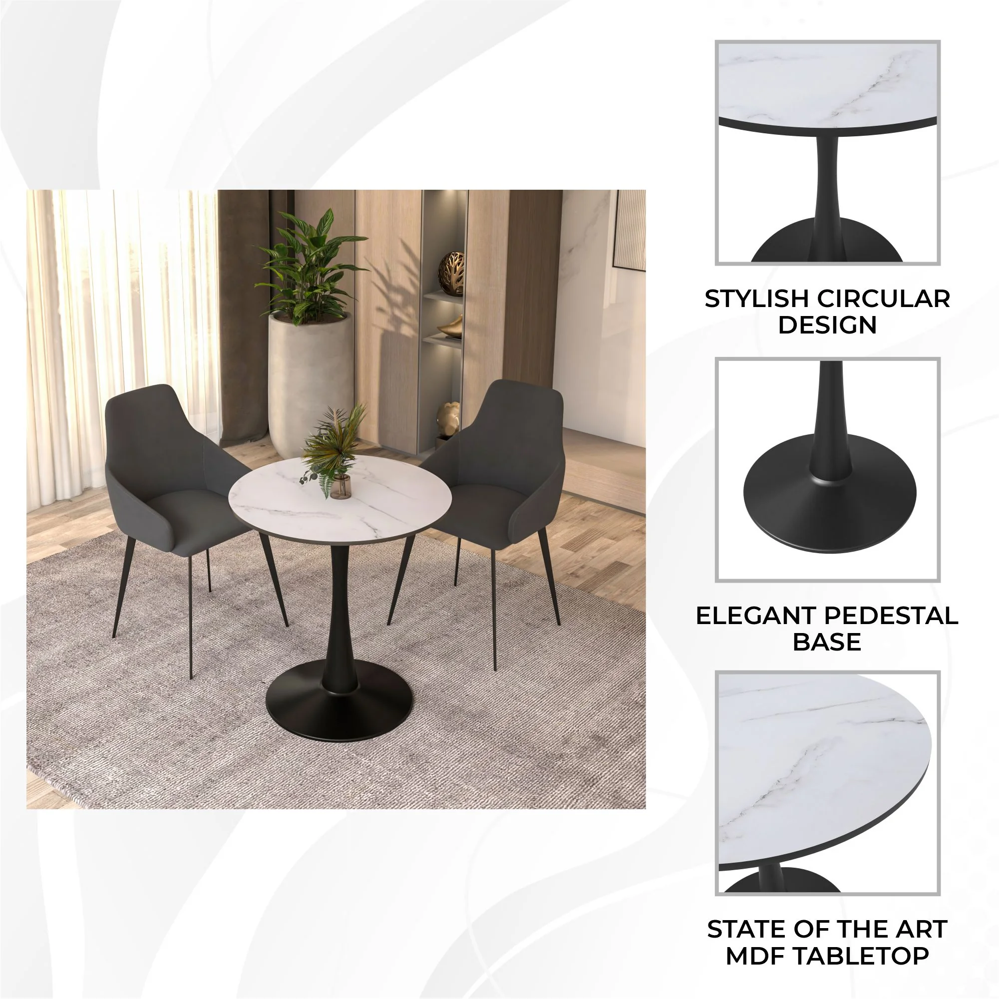 Bristol 24" round dining table Black base with marbled MDF top