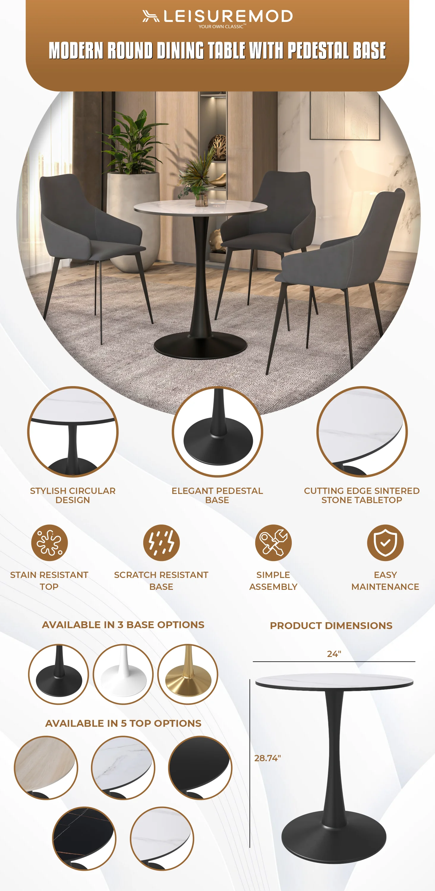 Bristol 24 round dining table Black base with White Sintered stone Top