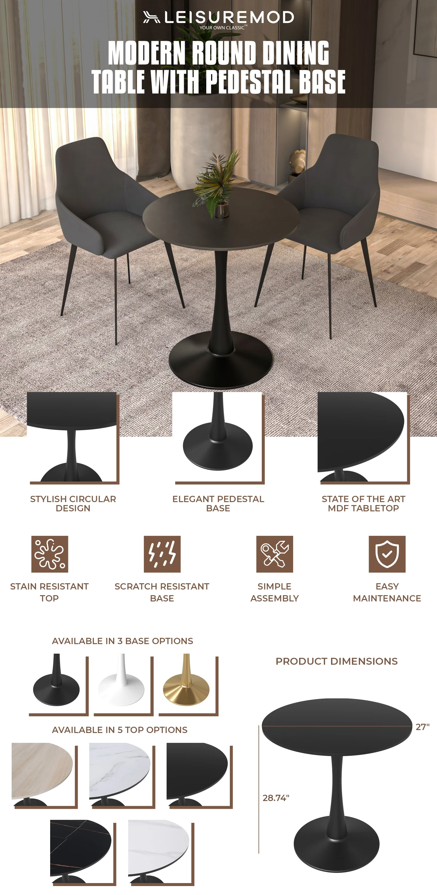Leisyremod Bristol 27" Round Dining Table Black base with Black top