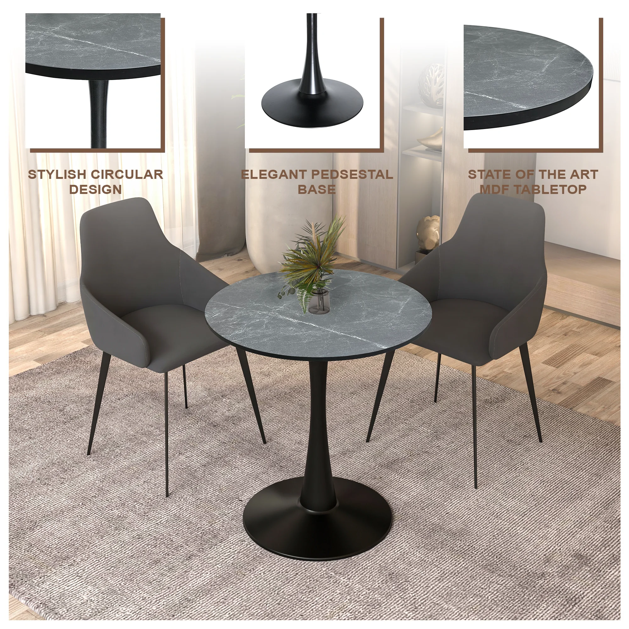Bristol Dining table, Black Base with 27 Round Marbleized Black MDF top