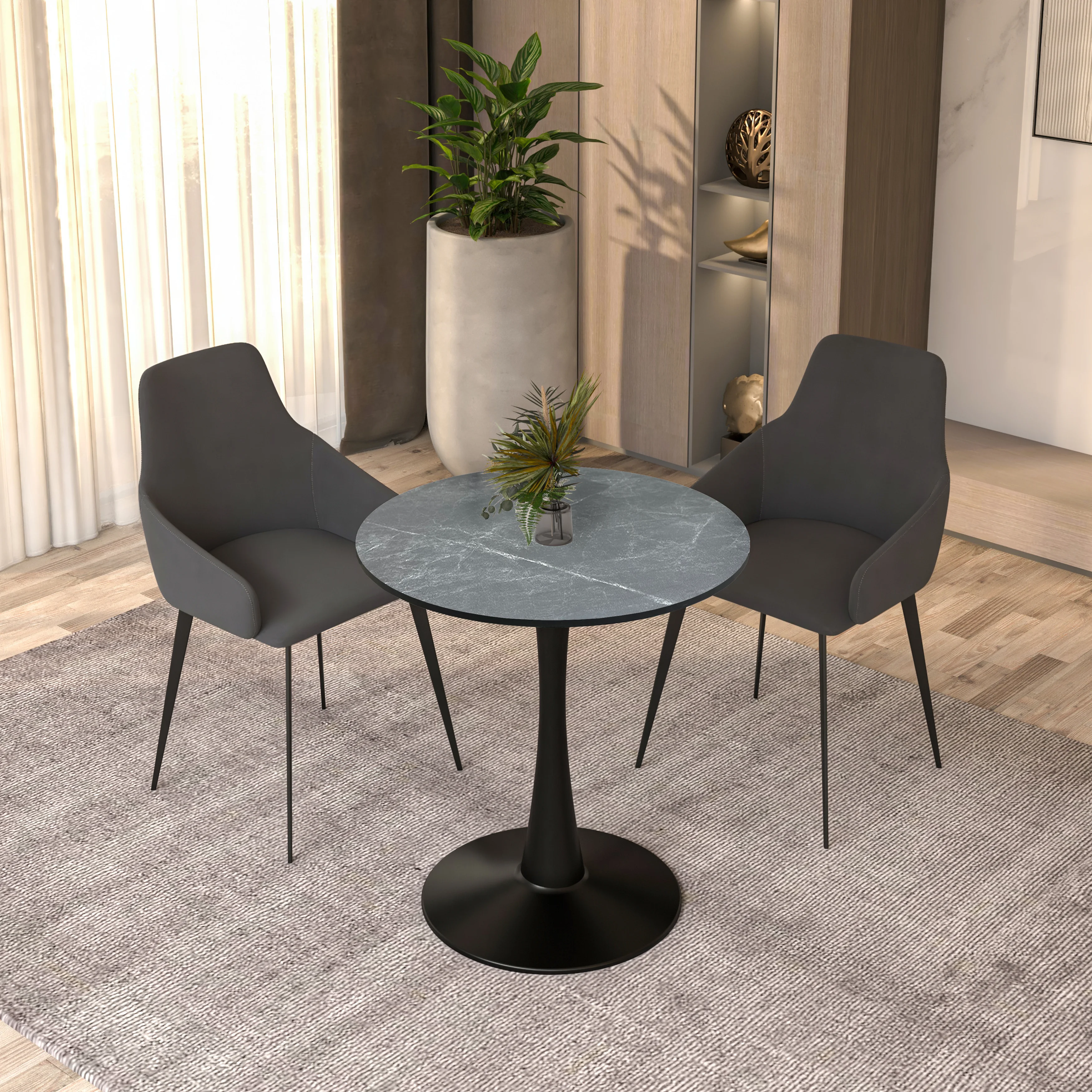 Bristol Dining table, Black Base with 27 Round Marbleized Black MDF top