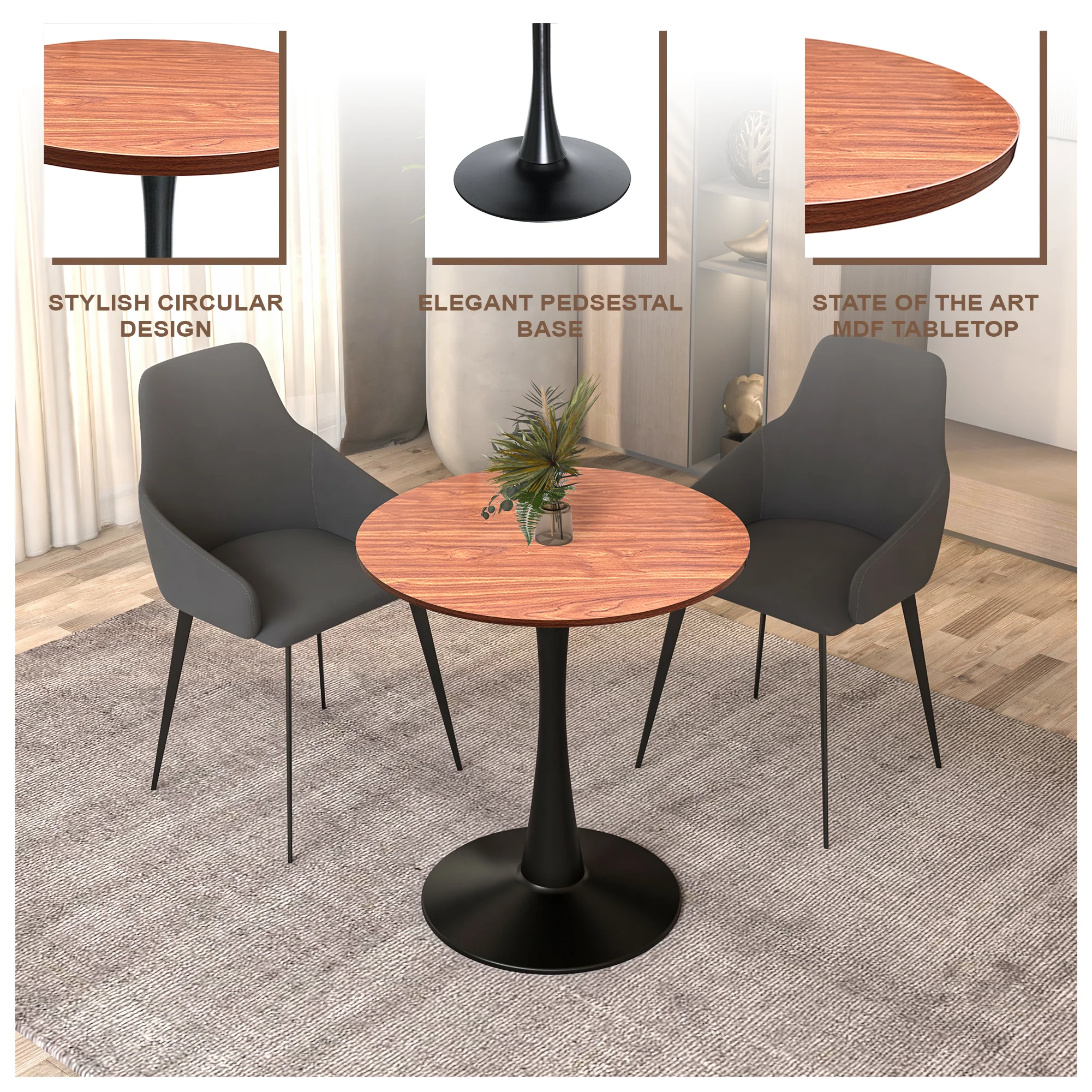 Bristol Dining table, Black Base with 27 Round Cognac Brown MDF top