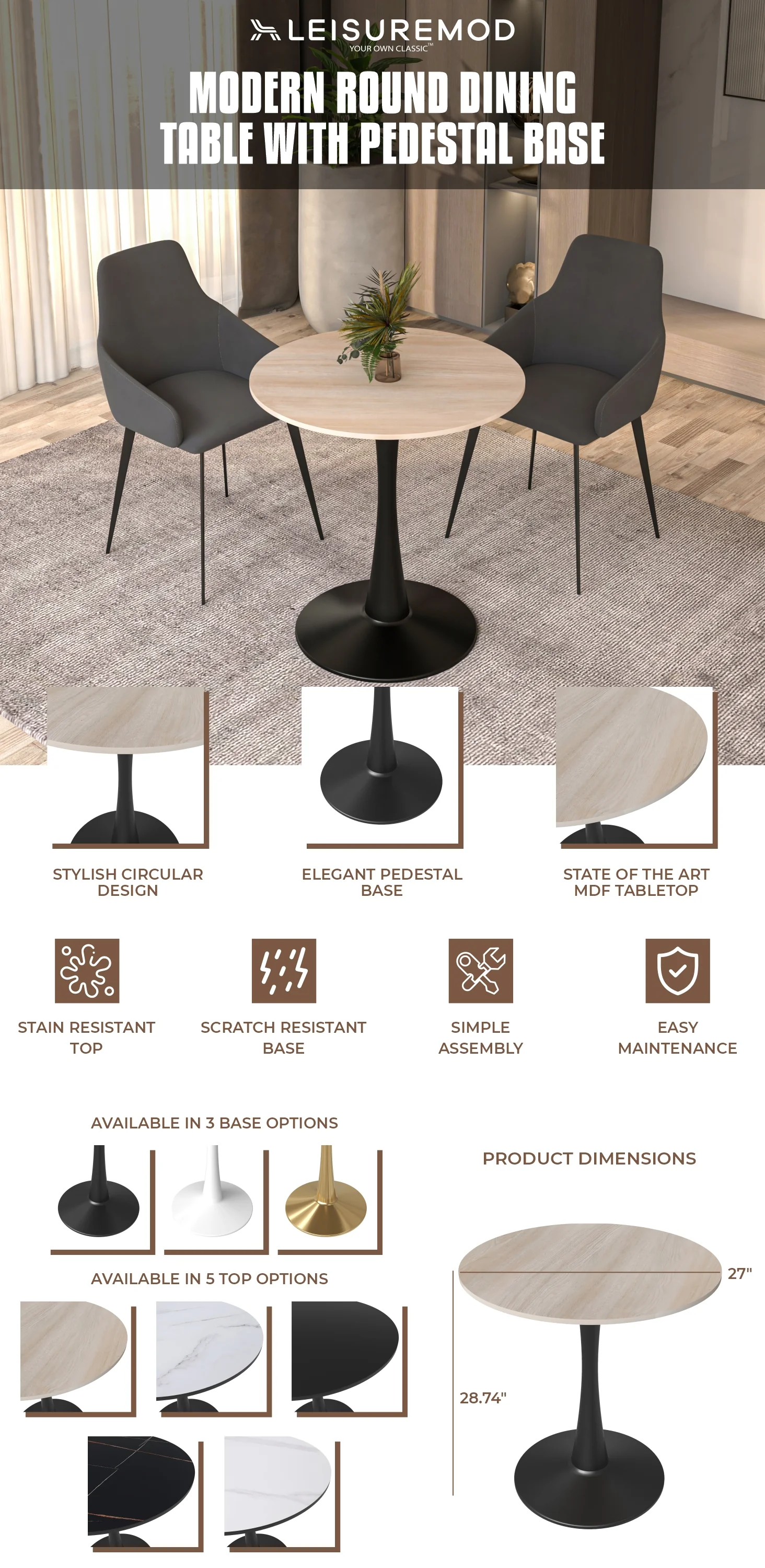 Bristol 27" round dining table Black base with marbled MDF top