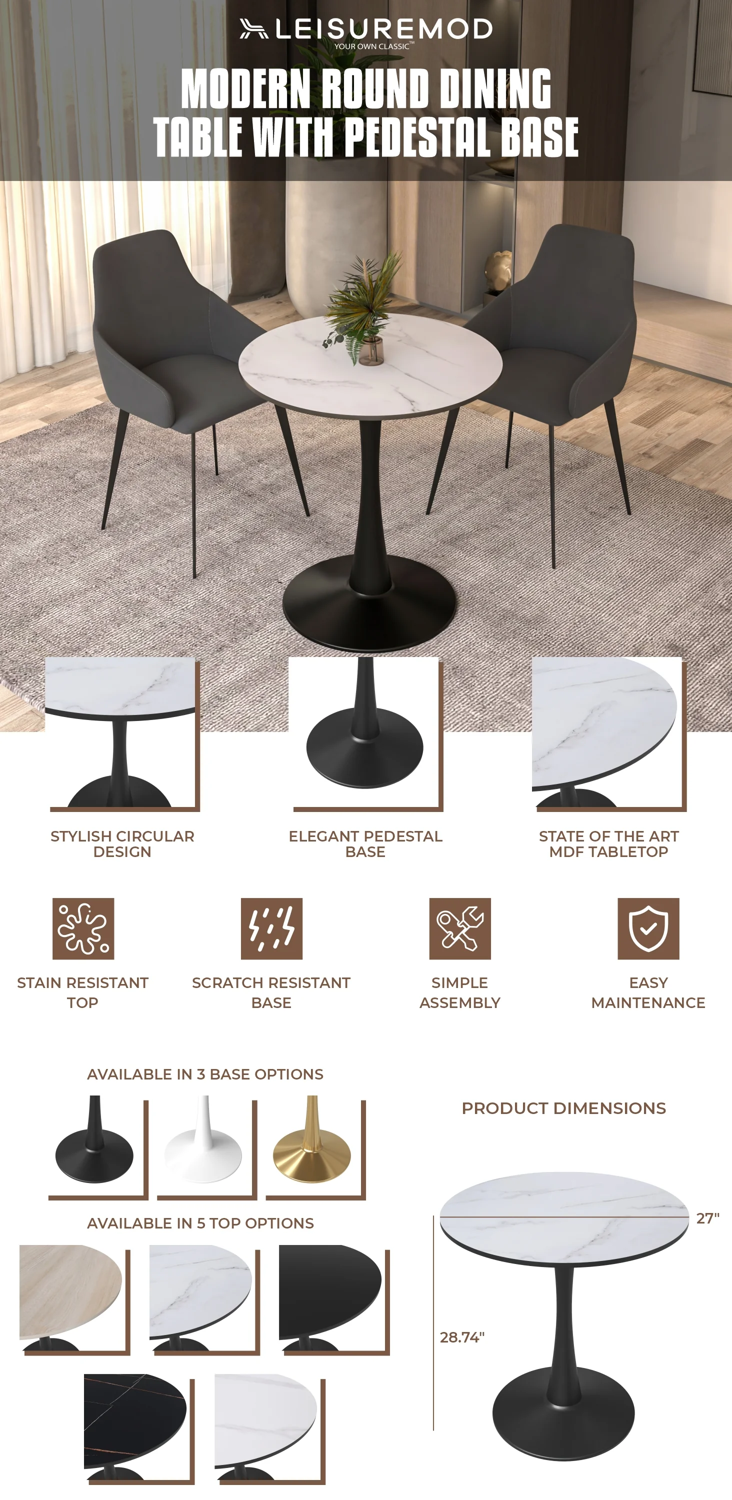 Leisyremod Bristol 27" Round Dining Table Black base with White top