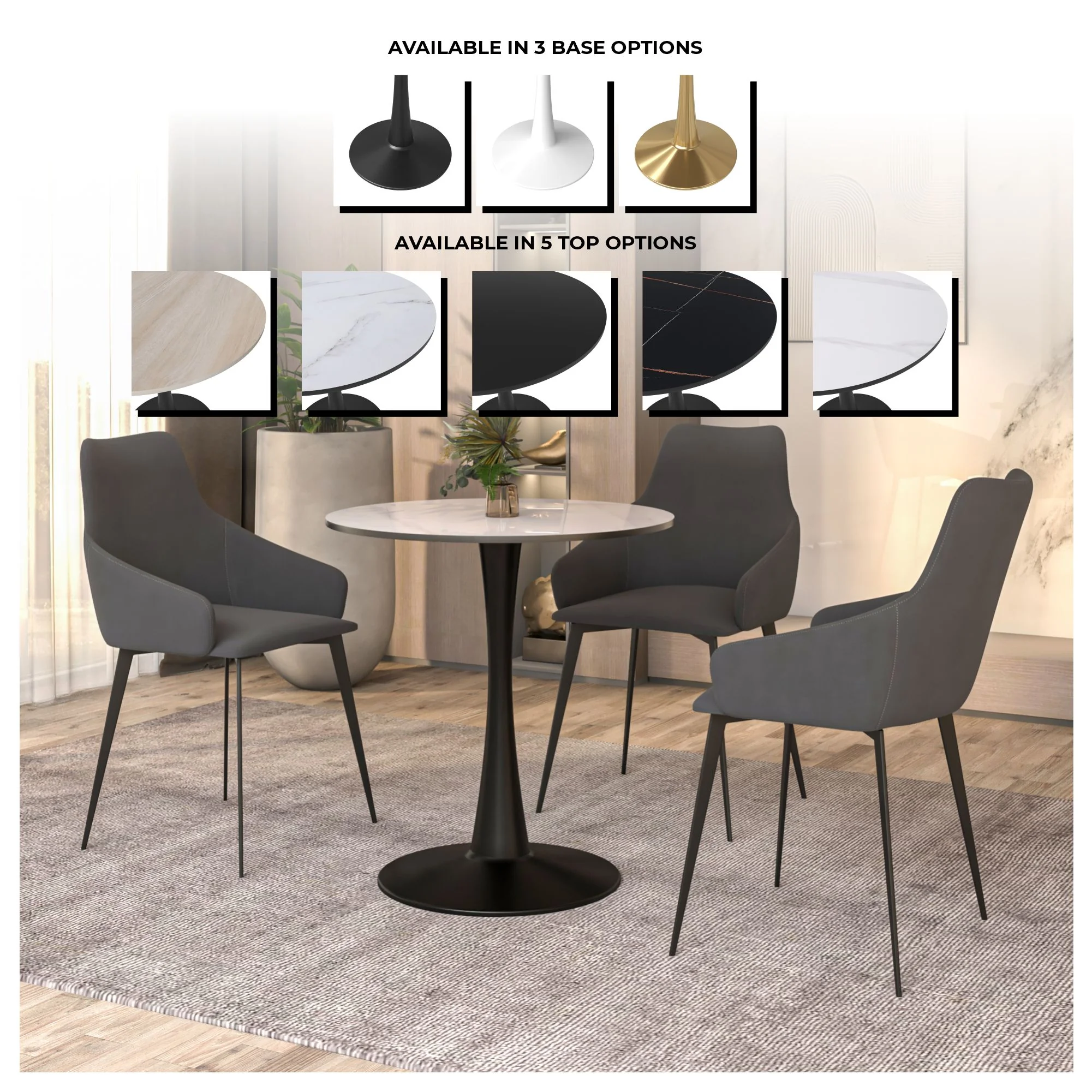 Bristol 27 round dining table Black base with White Sintered stone Top