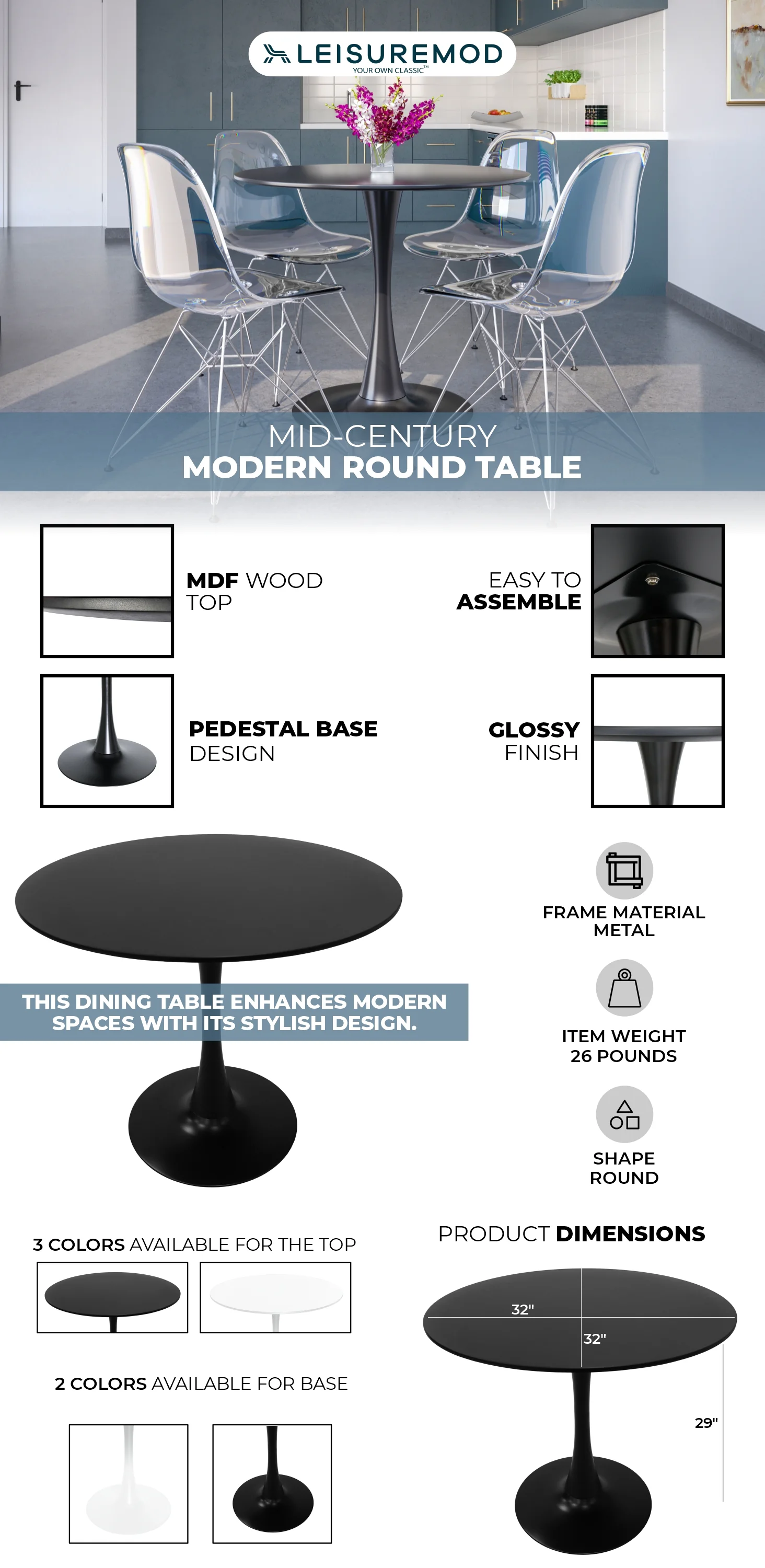 Bristol Mid-Century Modern Round Dining Table with a 31" Wood Top and Iron Pedestal Base with Gloss Finish for Kitchen and Dining Room