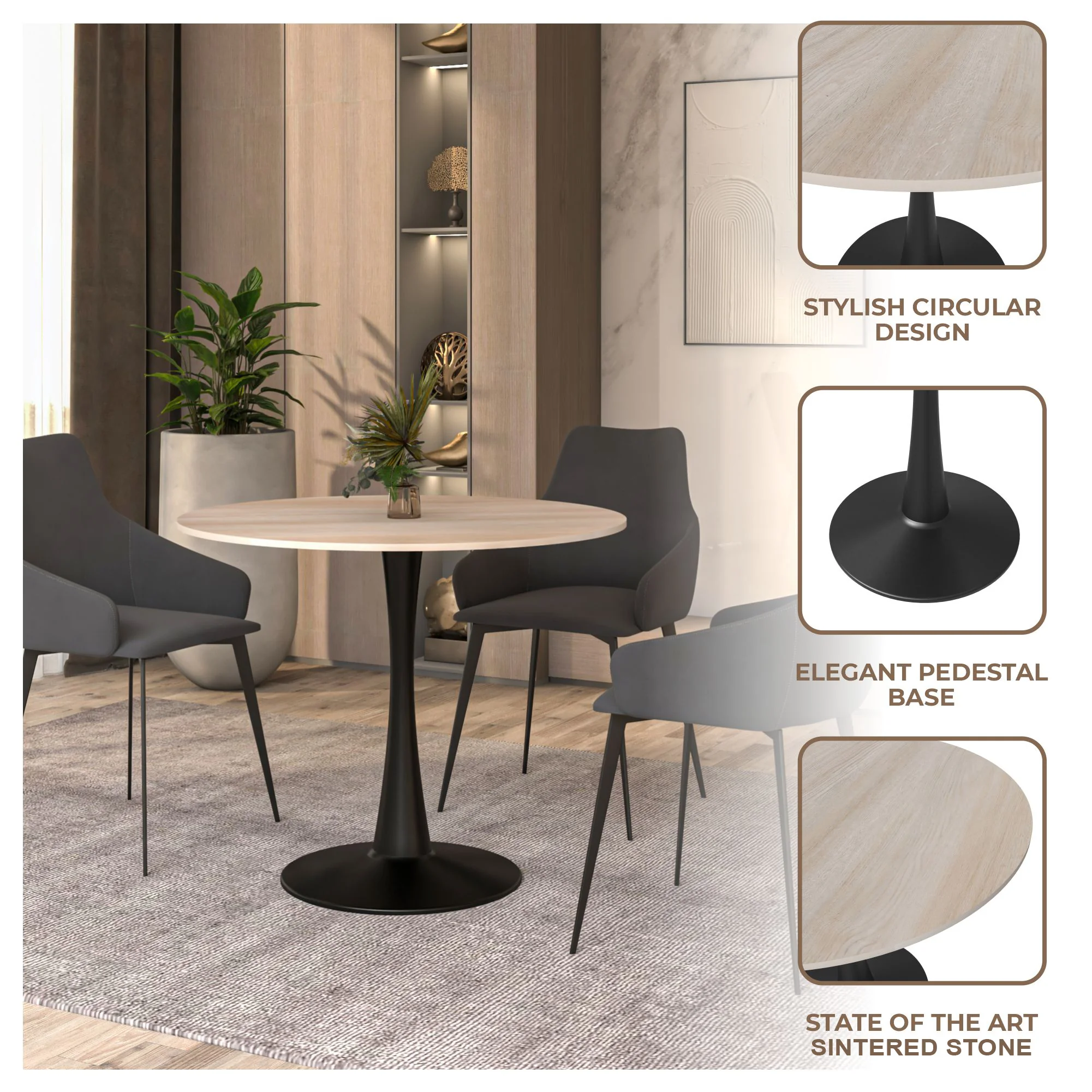 Bristol 31" Round Dining Table Black Base with Sintered Stone Natural Wood Top