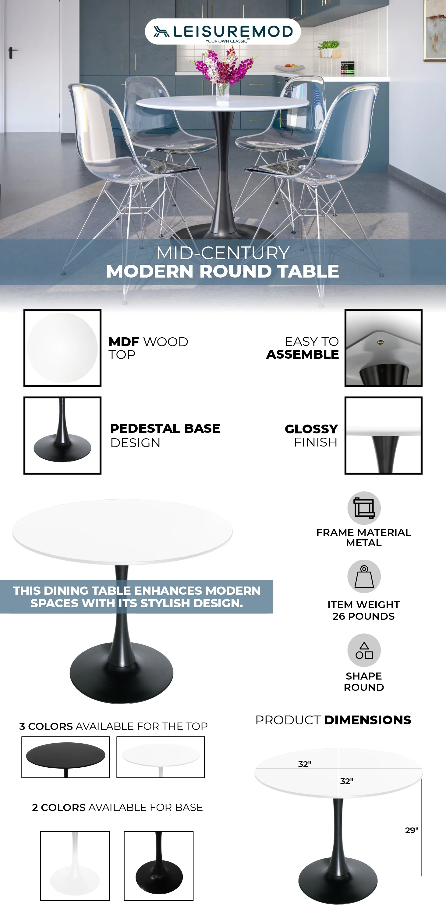 Bristol Mid-Century Modern Round Dining Table with a 31" Wood Top and Iron Pedestal Base with Gloss Finish for Kitchen and Dining Room