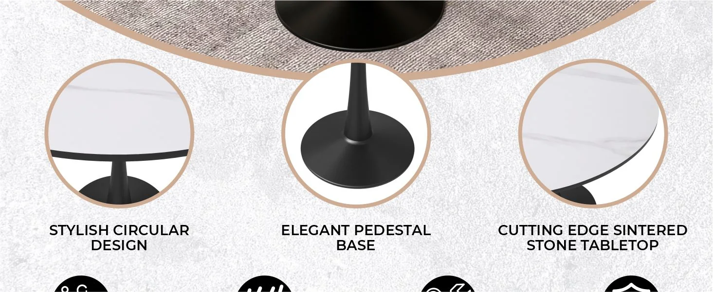 Bristol 31" round dining table Black base with White Sintered stone Top