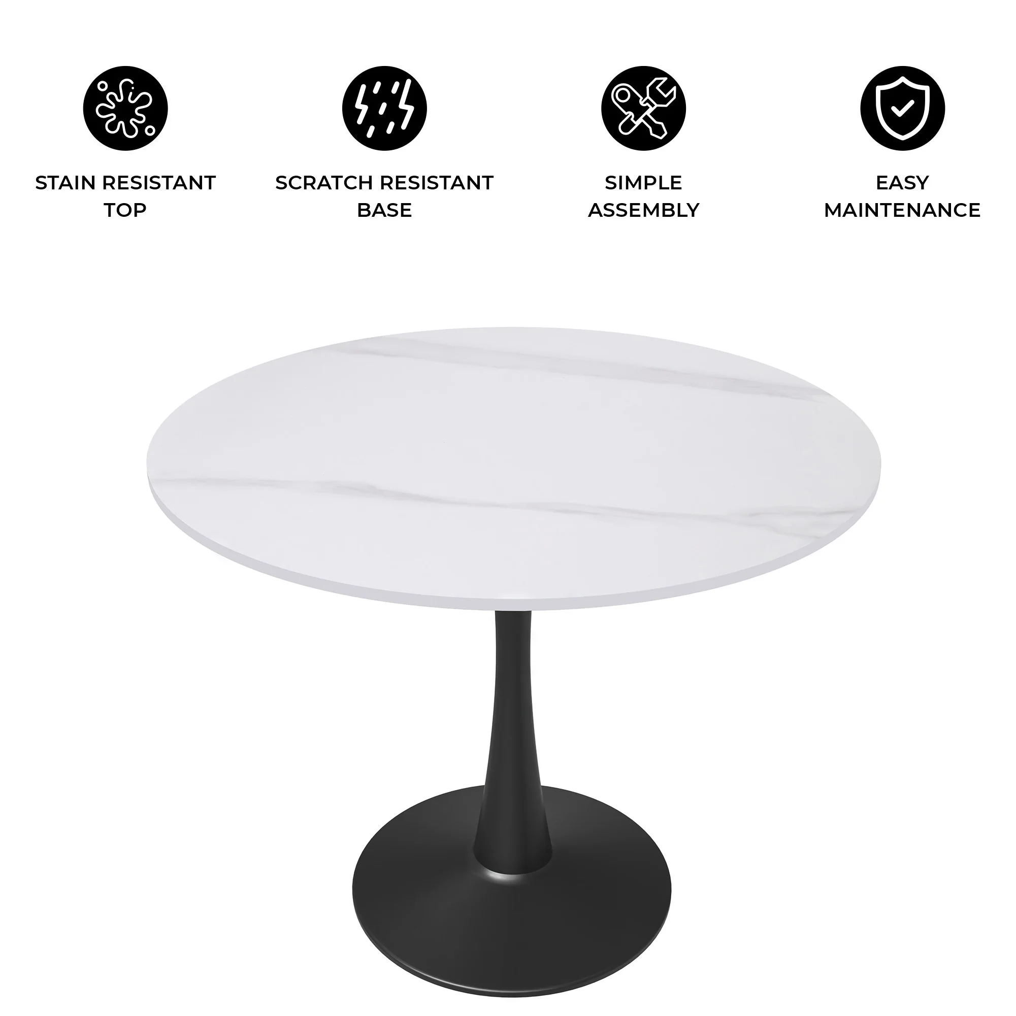 Bristol 31" round dining table Black base with White Sintered stone Top