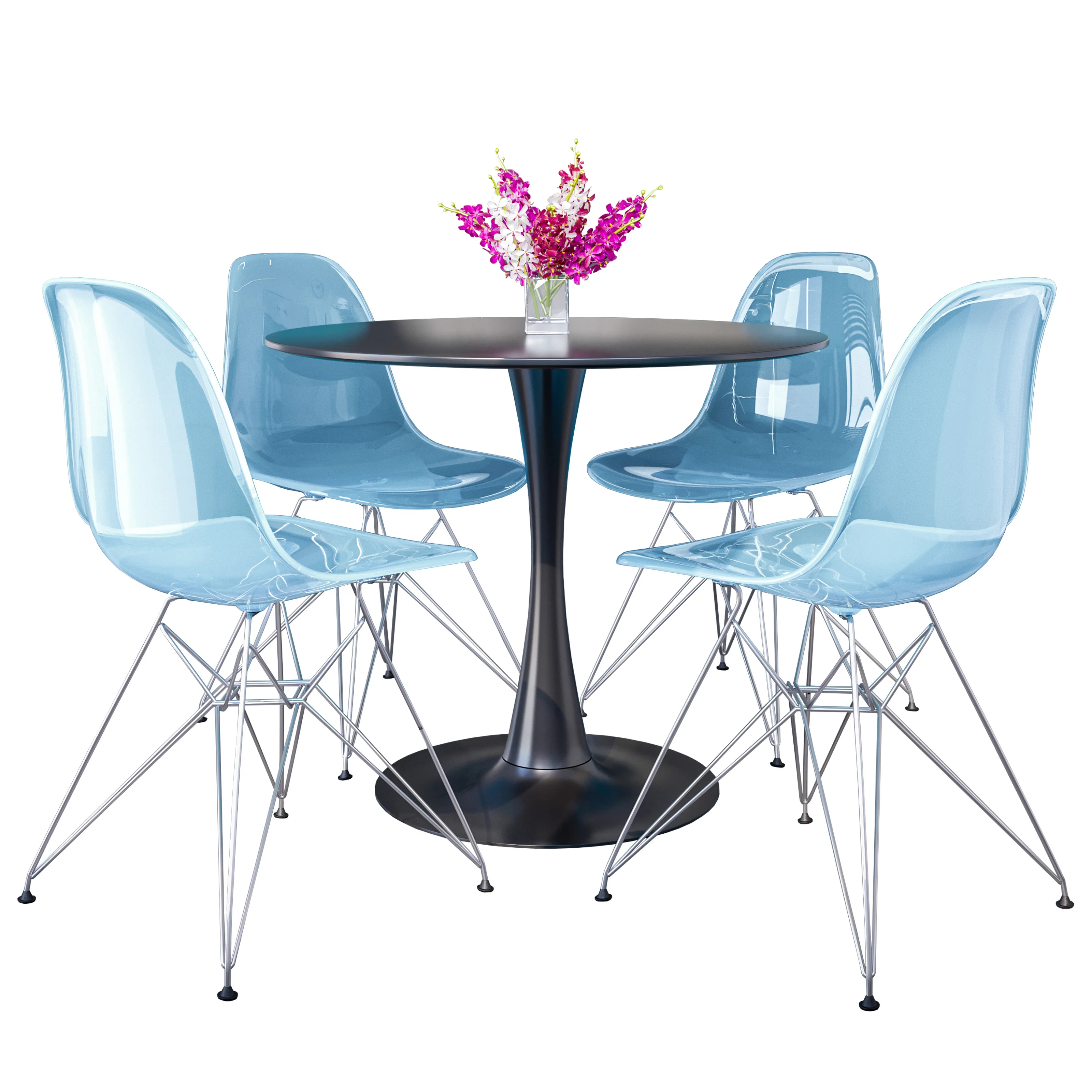 5-Piece Dining Set 35" Round Dining Table in Black Iron - 4 ABS Plastic Side Chair in Chrome - Transparent Blue